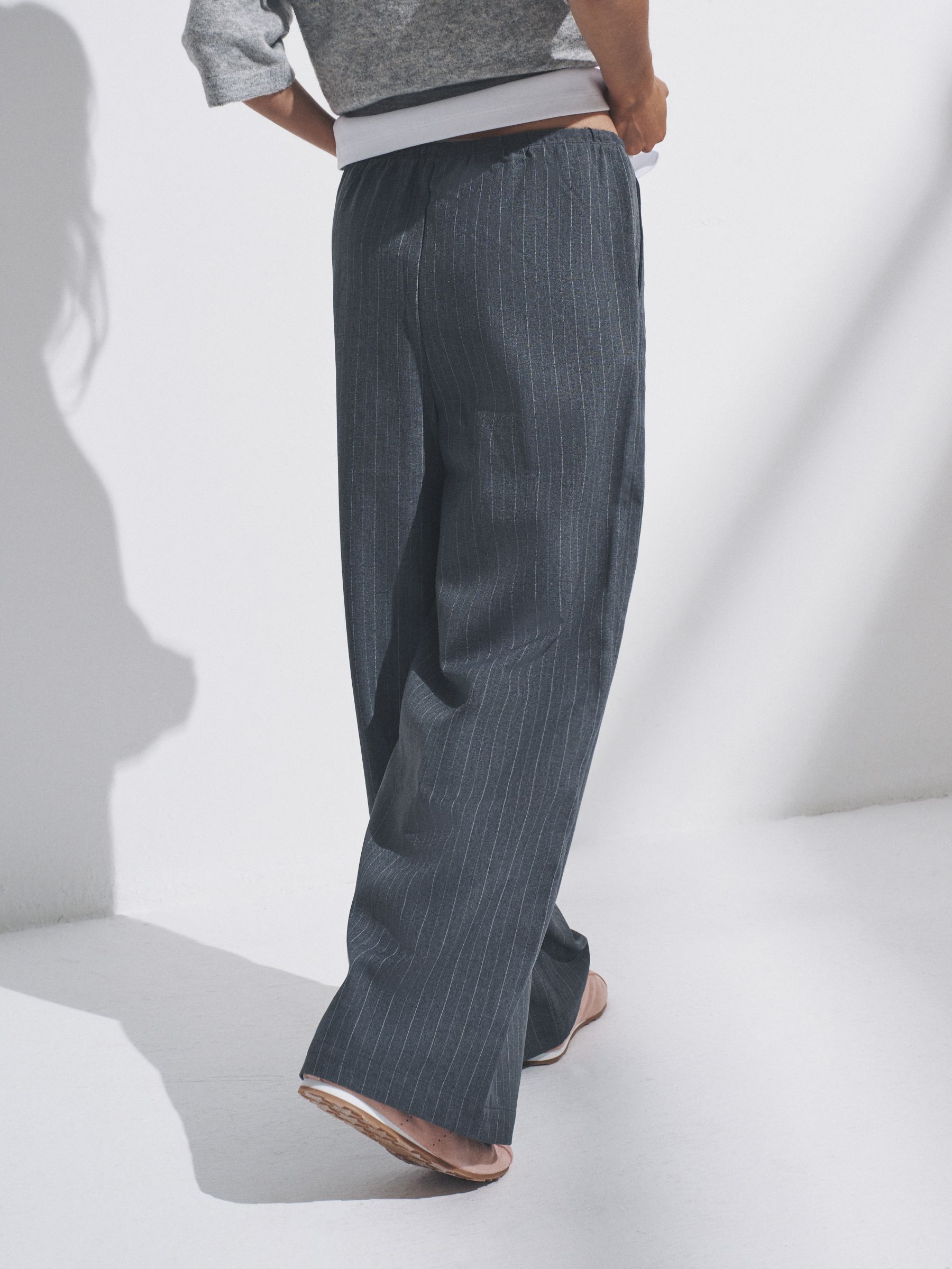 Black/Dark Grey - 2 Pack Pinstripe Wide Leg Pull On Trousers - Image 3 of 10
