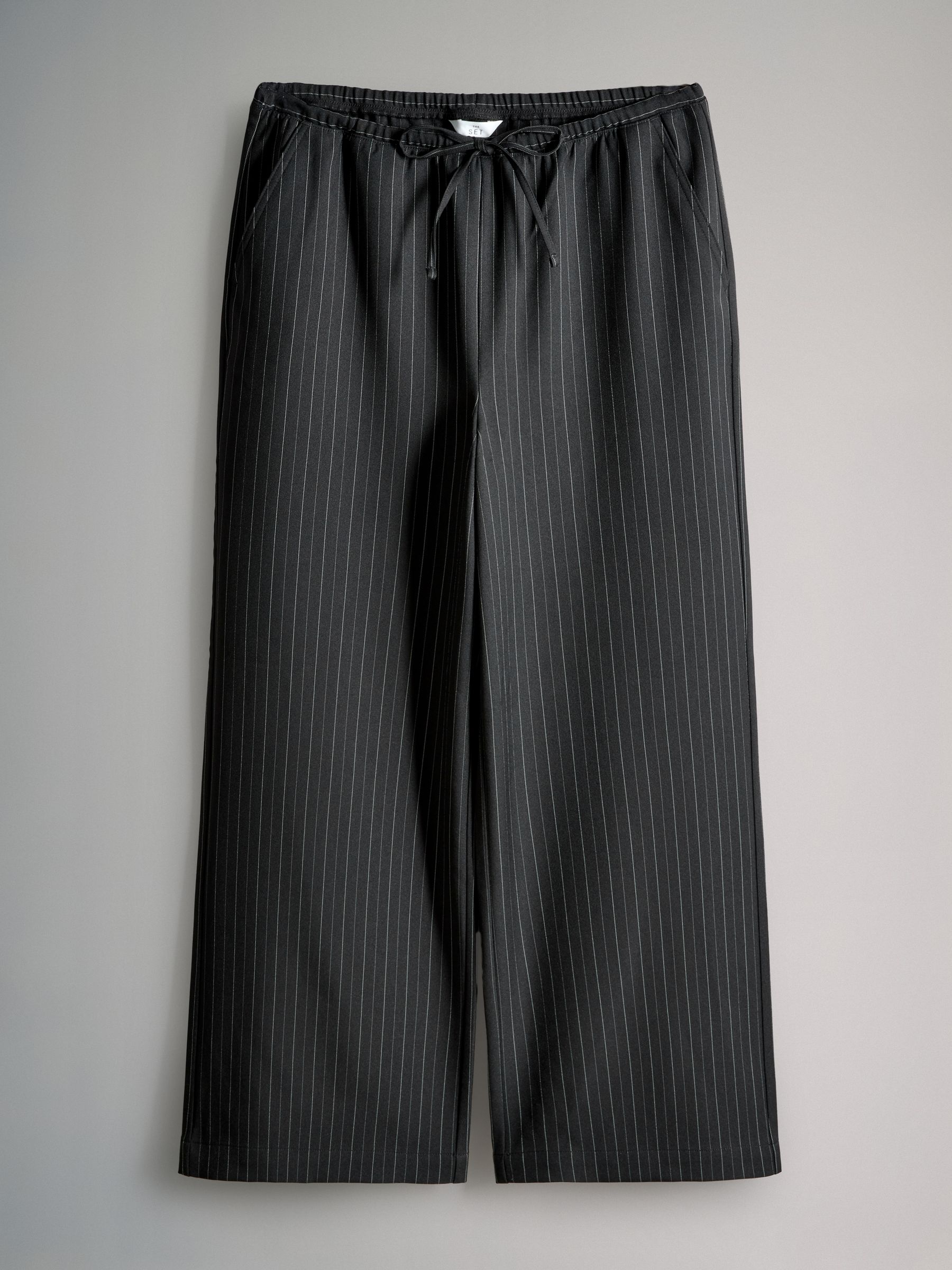Black/Dark Grey - 2 Pack Pinstripe Wide Leg Pull On Trousers - Image 8 of 10