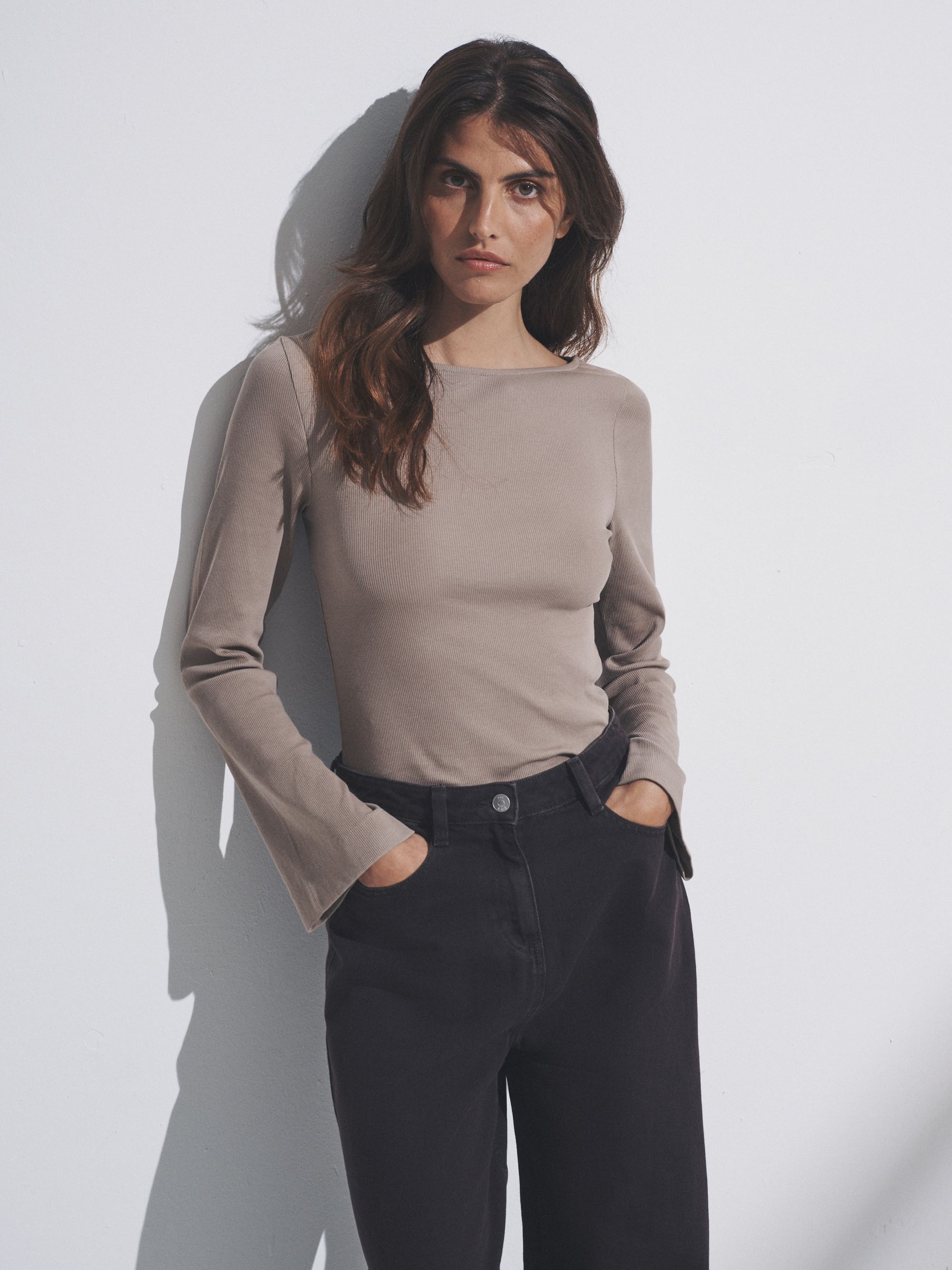 Black/Chocolate Brown/Neutral - 3 Pack Ribbed Flare Sleeve T-Shirts - Image 1 of 10