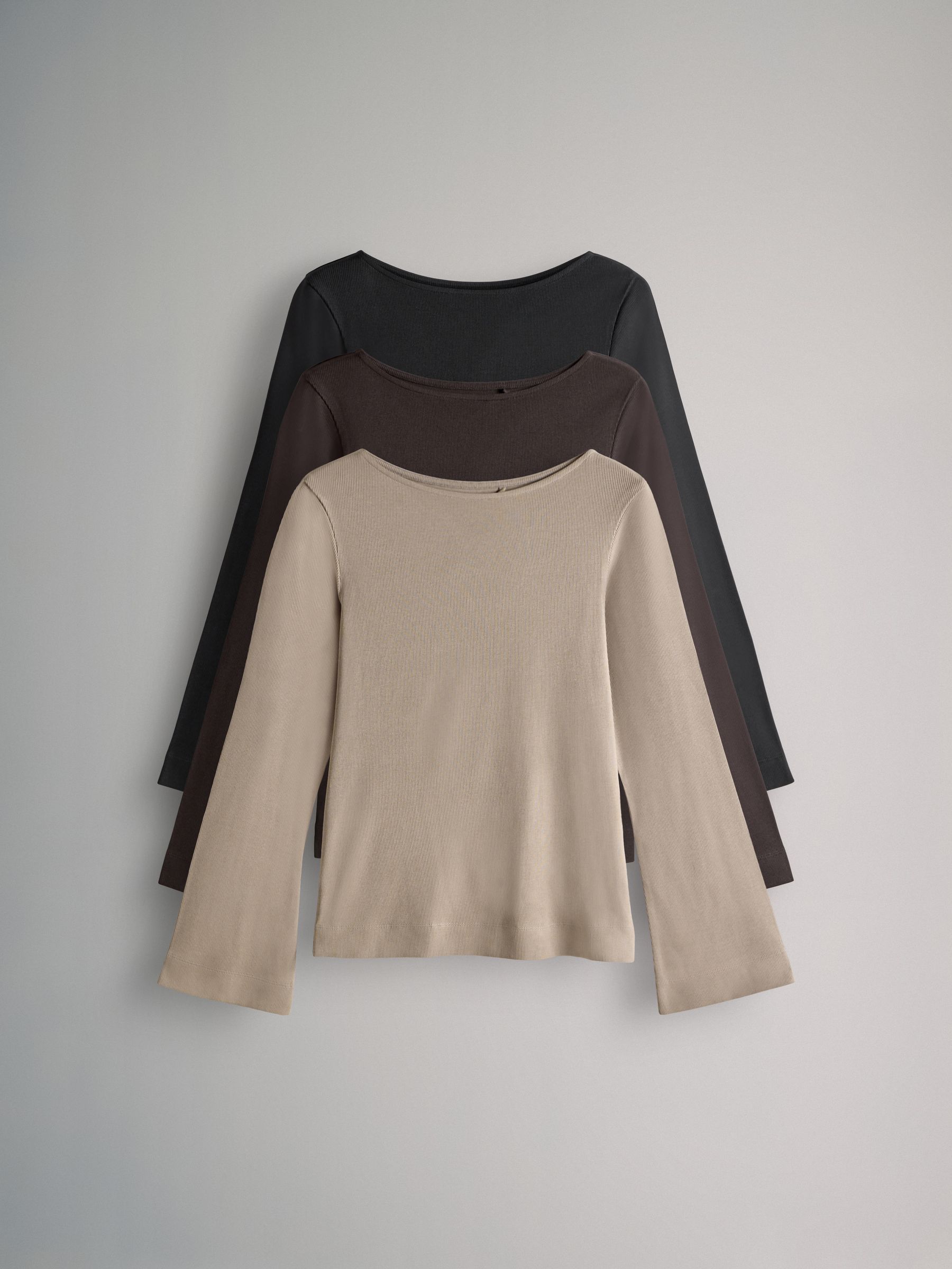 Black/Chocolate Brown/Neutral - 3 Pack Ribbed Flare Sleeve T-Shirts - Image 2 of 10