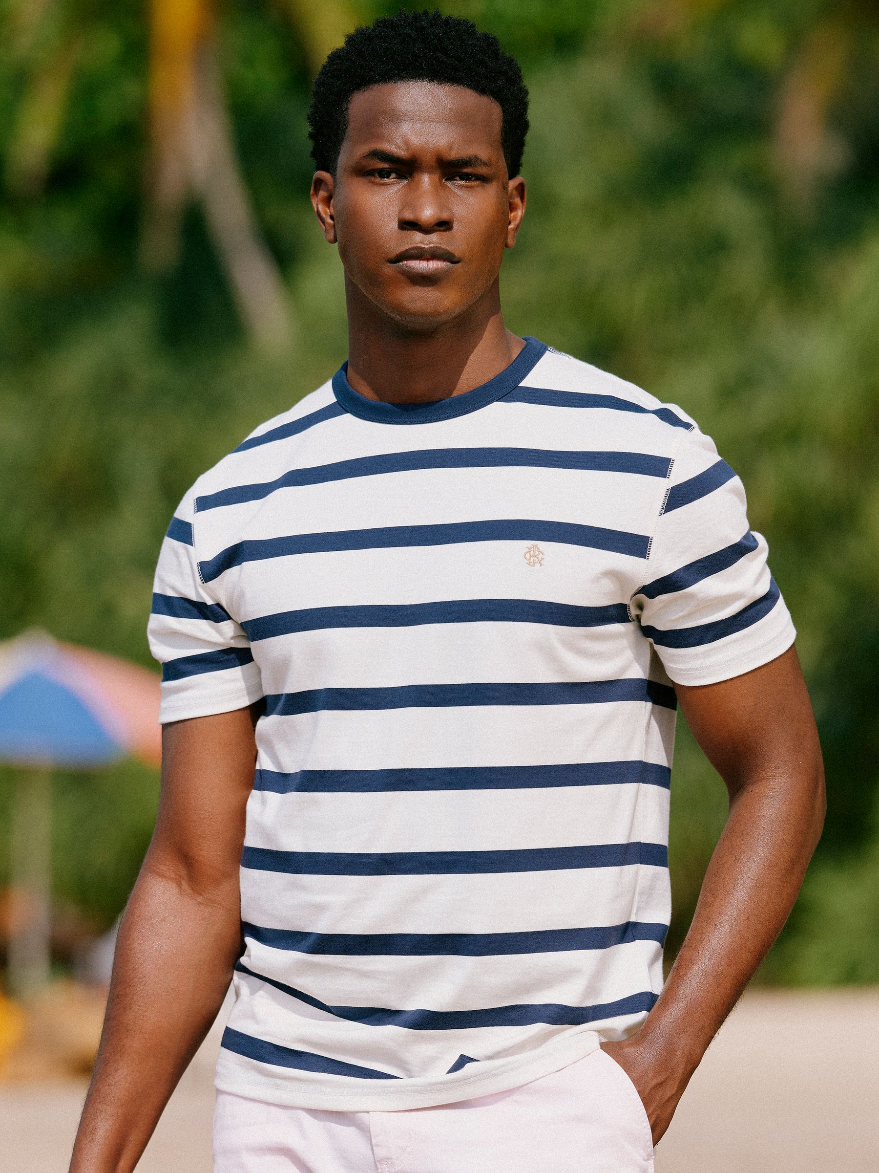 Rugby Club Navy & Cream Striped Crew Neck Cotton T-Shirt | Joules