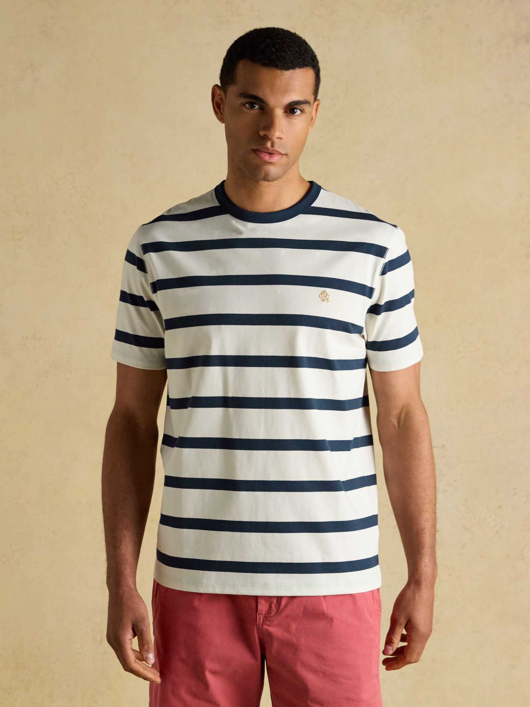 Rugby Club Navy & Cream Stripe Crew Neck Cotton T-Shirt - Image 1 of 8