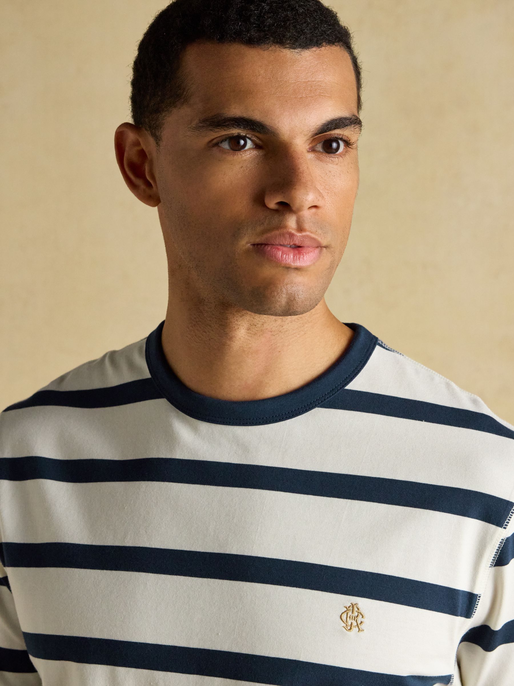 Rugby Club Navy & Cream Stripe Crew Neck Cotton T-Shirt - Image 4 of 8