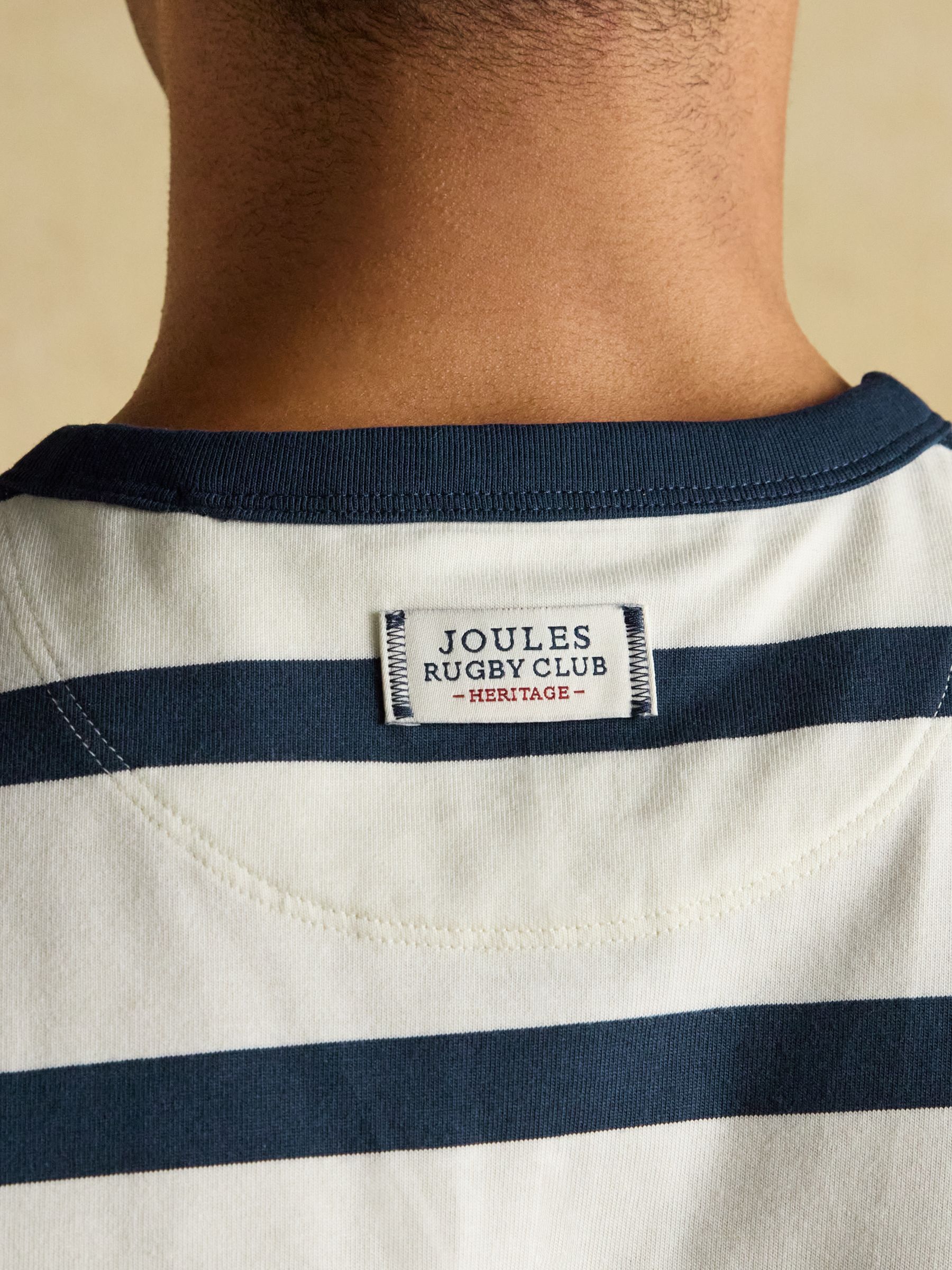 Rugby Club Navy & Cream Stripe Crew Neck Cotton T-Shirt - Image 6 of 8