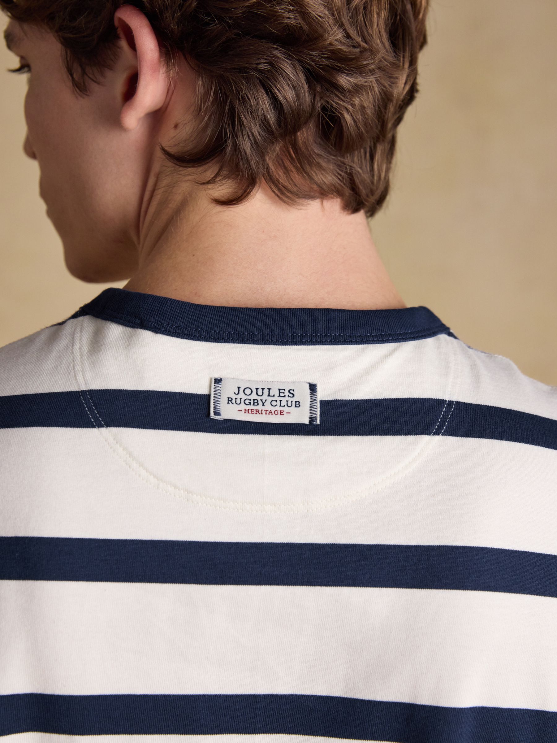 Rugby Club Navy & Cream Striped Crew Neck Cotton T-Shirt - Image 9 of 9