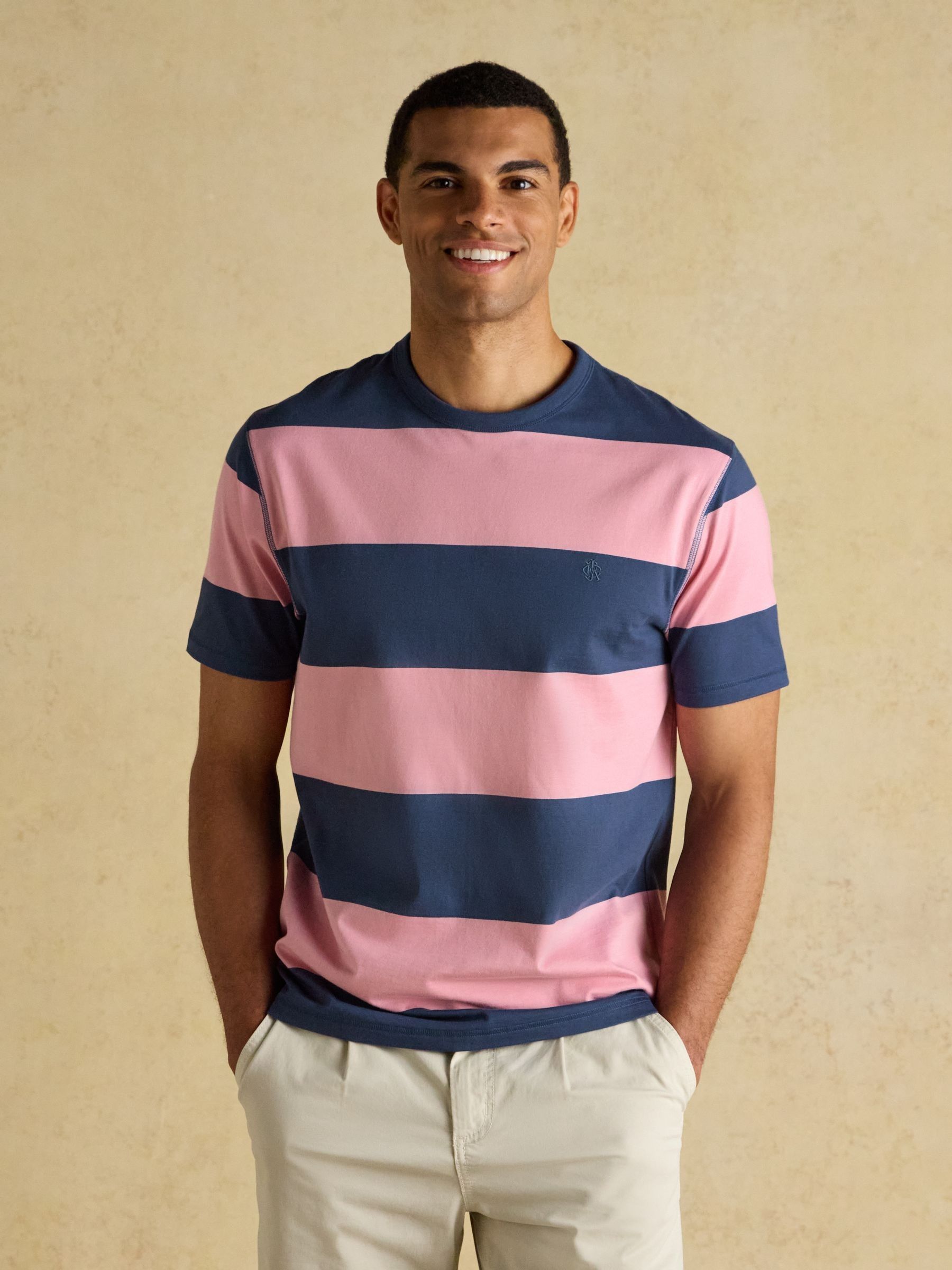 Rugby Club Pink & Blue Stripe Crew Neck Cotton T-Shirt - Image 1 of 7