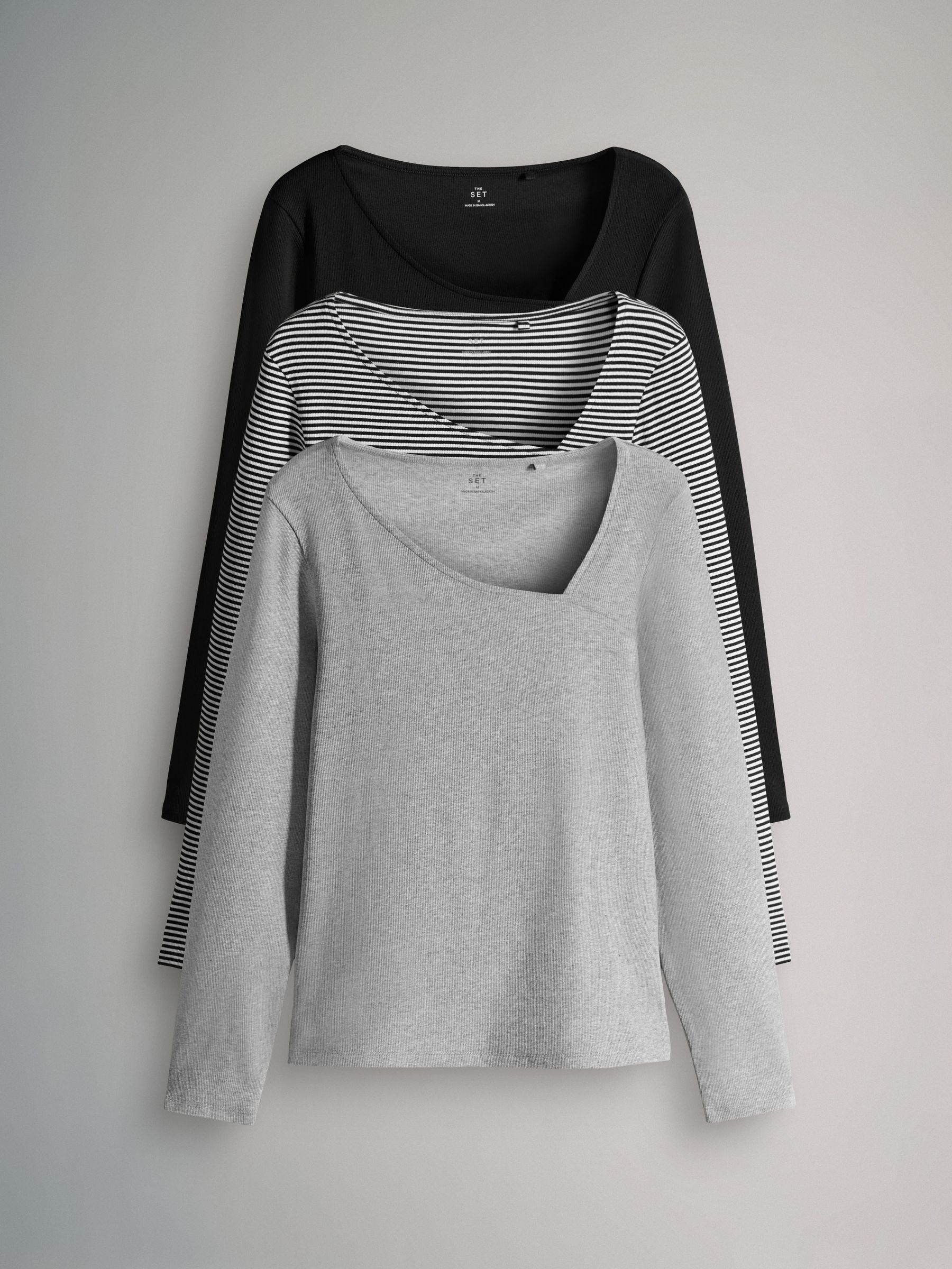 3 Pack Asymmetric Neckline Long Sleeve Ribbed T-Shirt - Image 2 of 10