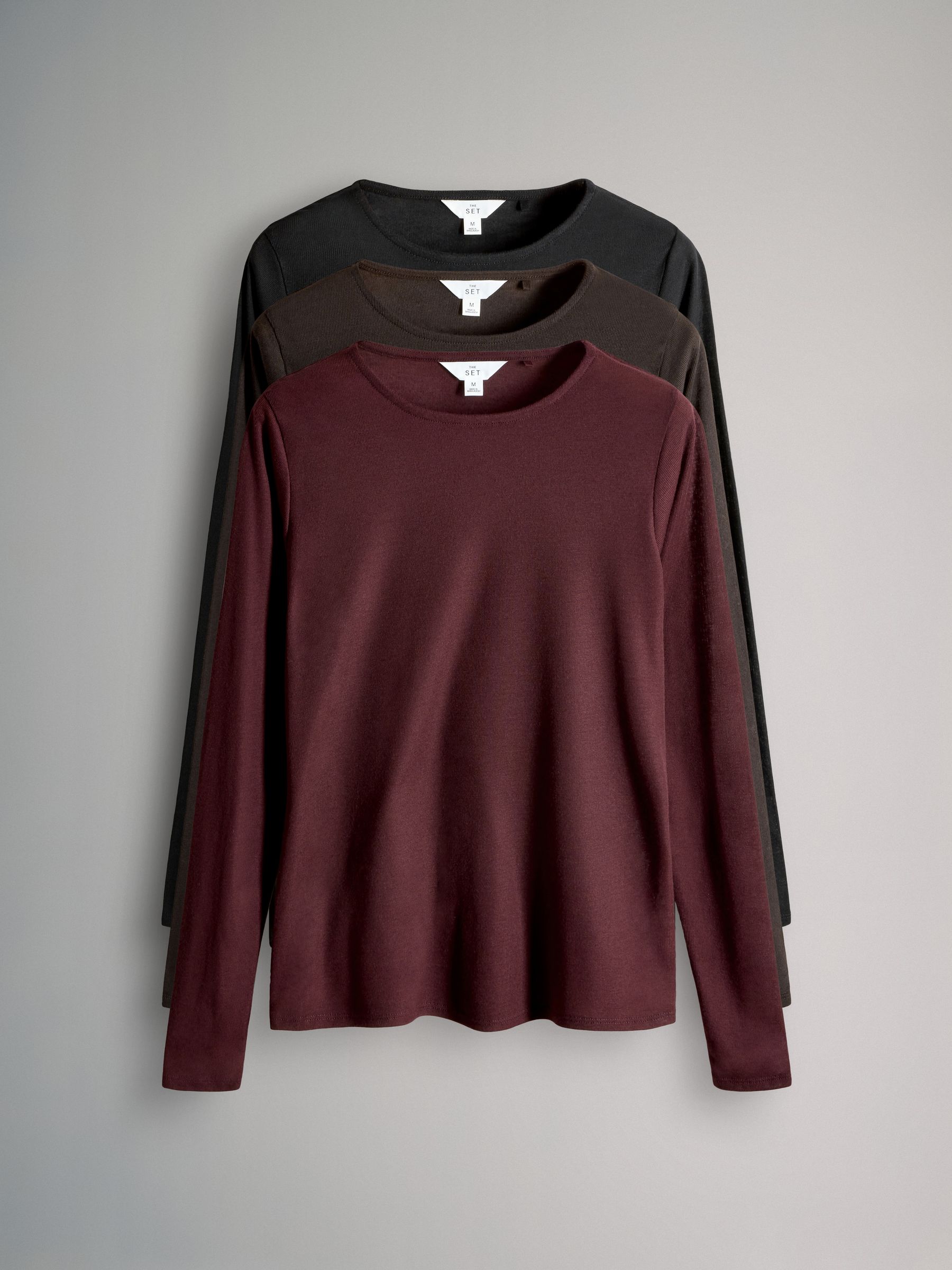 Burgundy/Black/Brown - 3 Pack Sheer Long Sleeve T-Shirts - Image 1 of 6 Burgundy/Black/Brown - 3 Pack Sheer Long Sleeve T-Shirts - Image 1 of 6