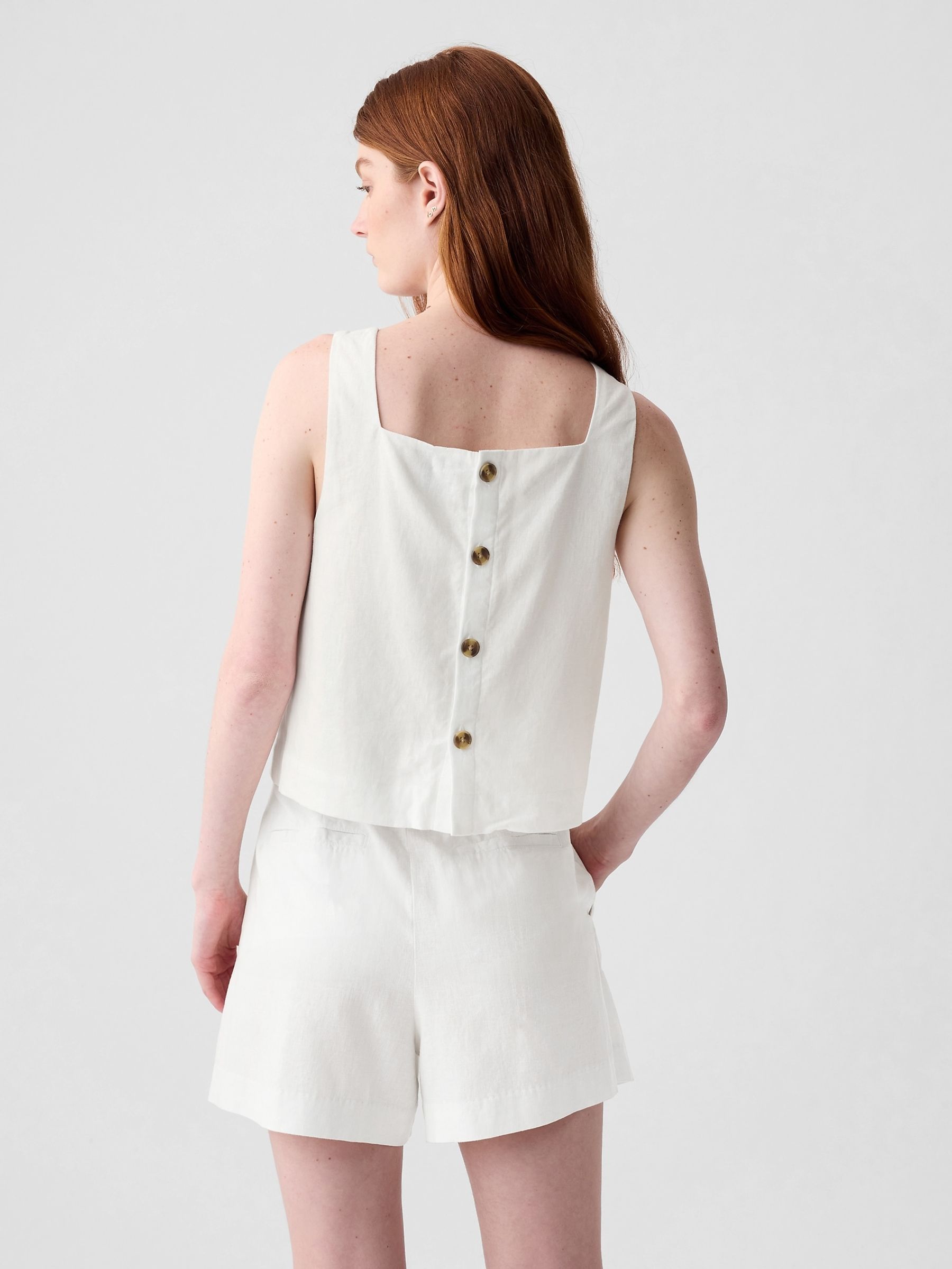 White Linen Blend Button Back Cropped Vest Top - Image 2 of 4