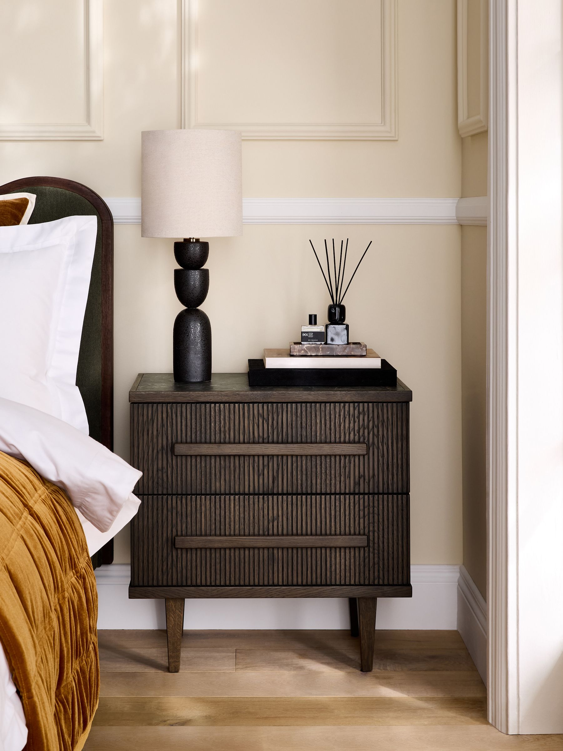 Next Ribbed Dark Oak Brunswick 2 Drawer Bedside Table - Image 1 of 6 Next Ribbed Dark Oak Brunswick 2 Drawer Bedside Table - Image 1 of 6