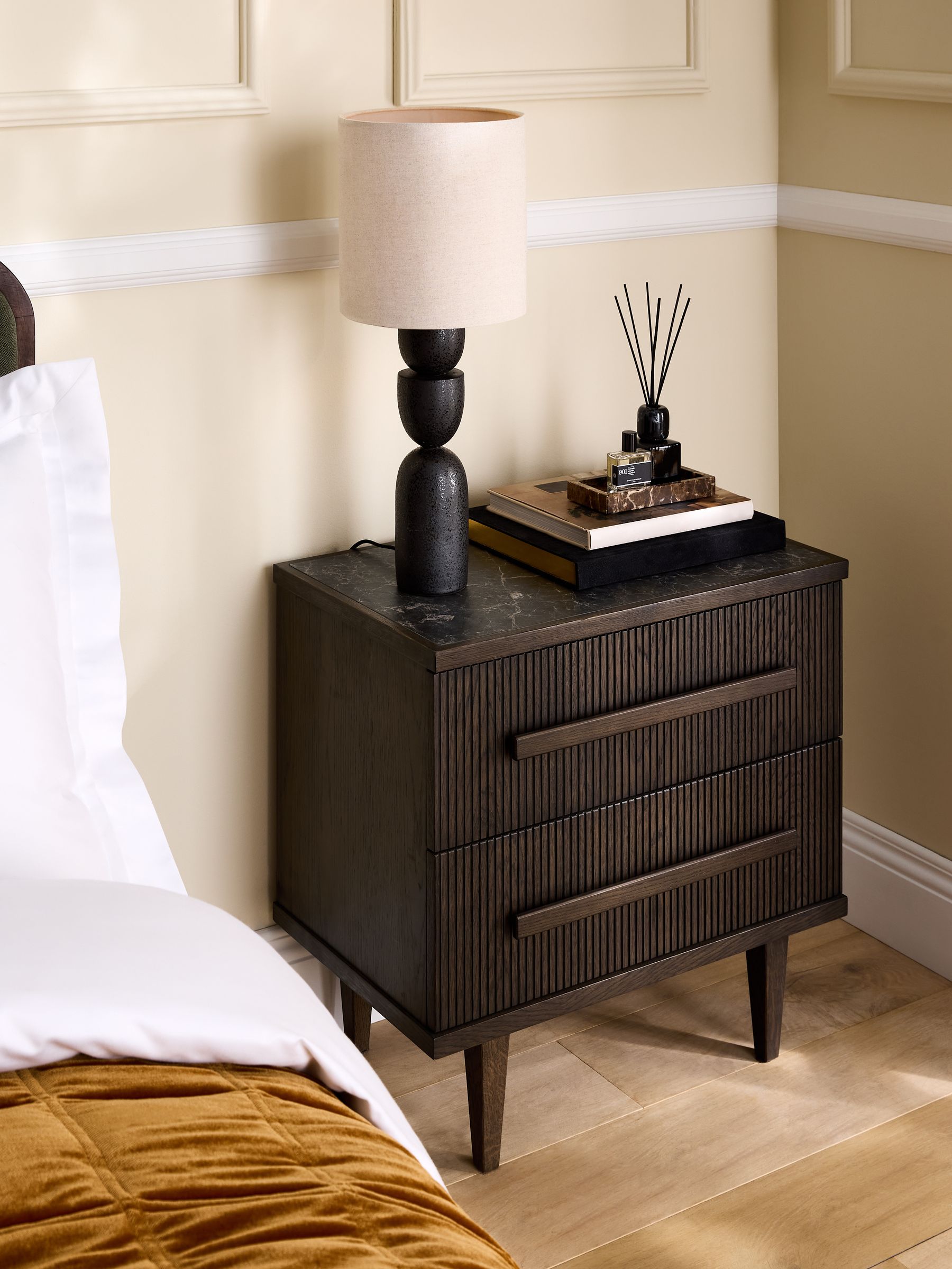 Next Ribbed Dark Oak Brunswick 2 Drawer Bedside Table - Image 2 of 6