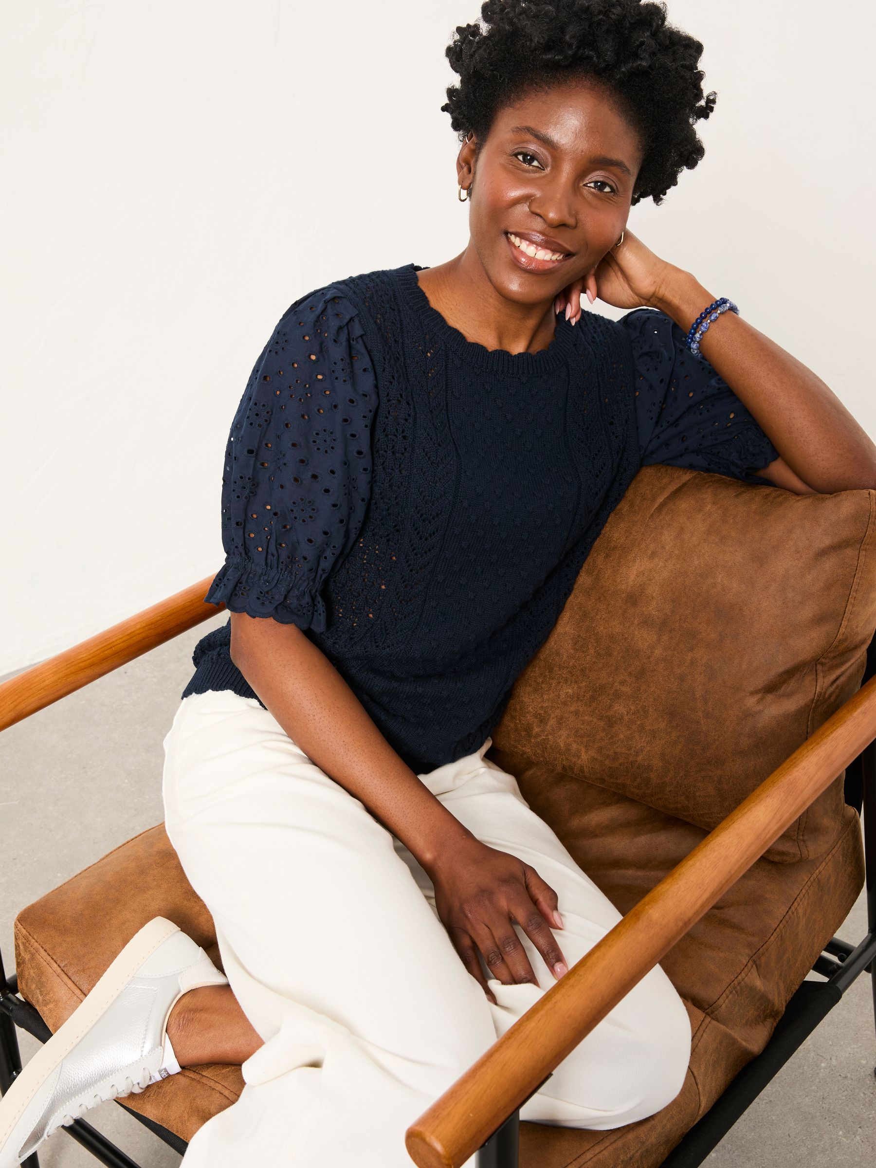 Joanie Navy Knitted and Woven Top | FatFace
