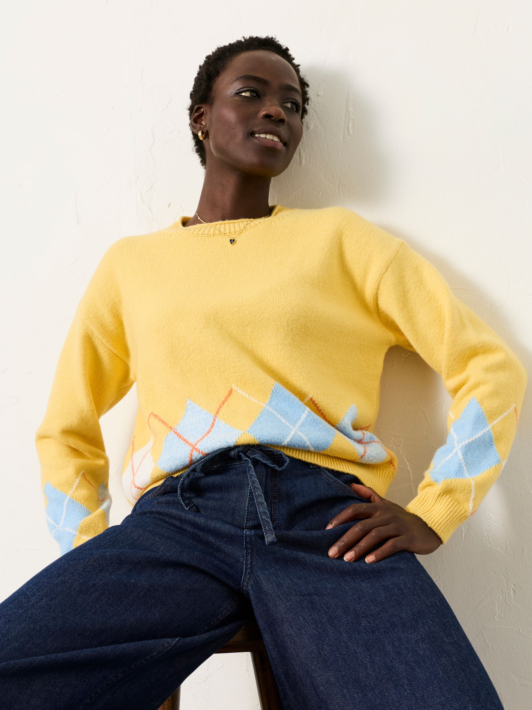 Rue Yellow Knitted Argyle Jumper - Image 1 of 5