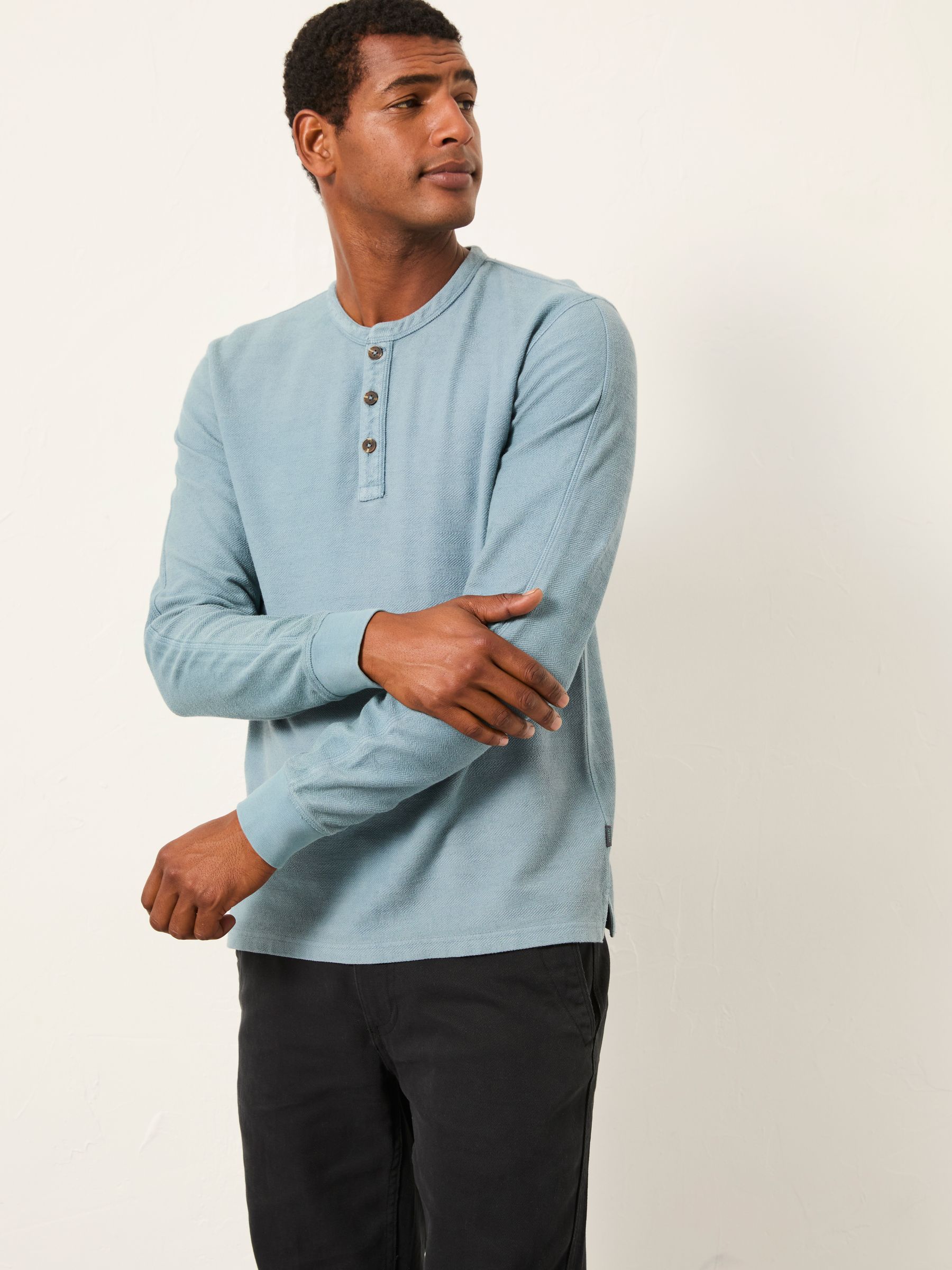 Light Vintage Blue Herringbone Henley - Image 2 of 6