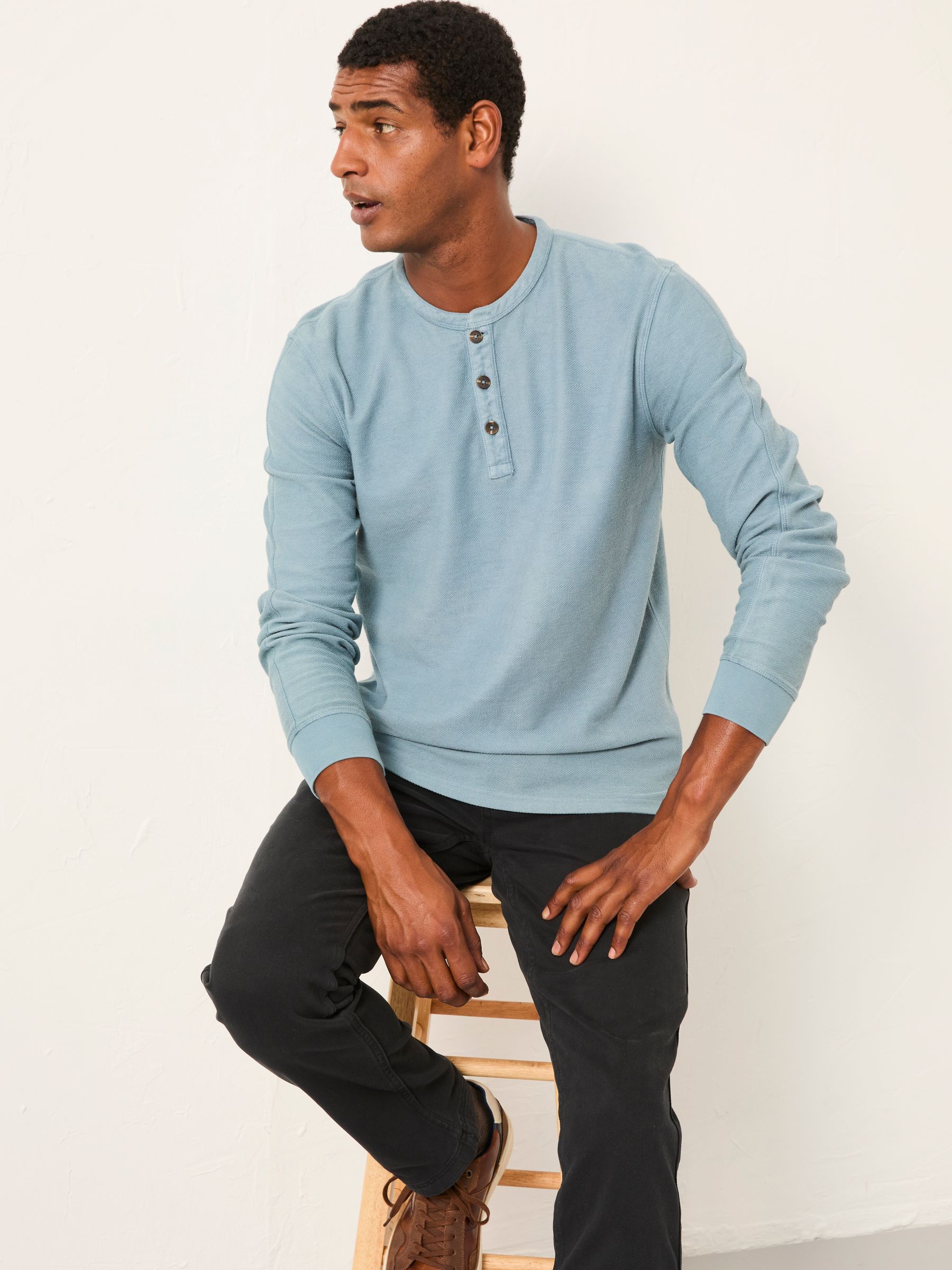 Light Vintage Blue Herringbone Henley - Image 5 of 6