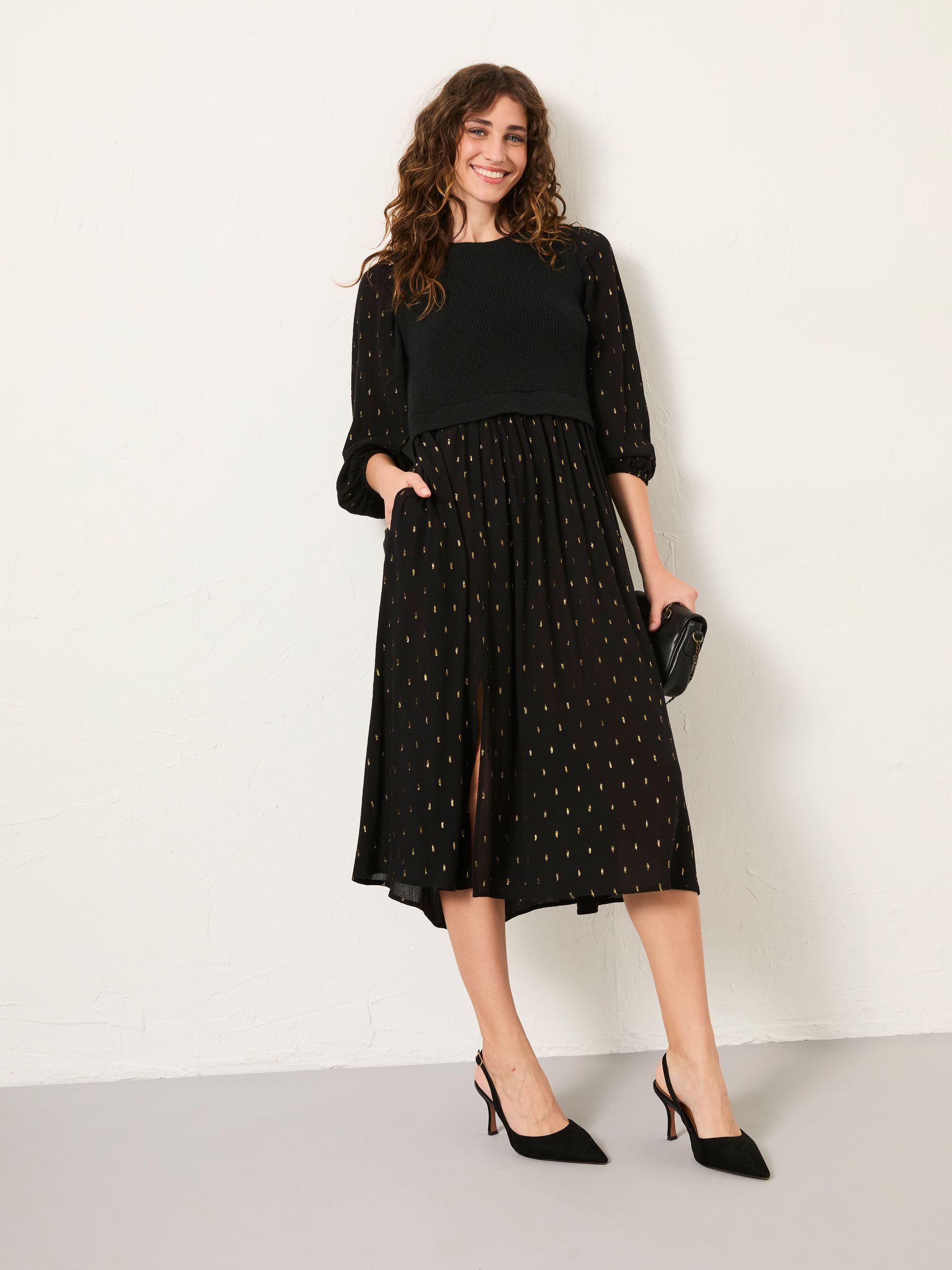 Laura Black Regular 2 in 1 Metallic Midi Dress | FatFace