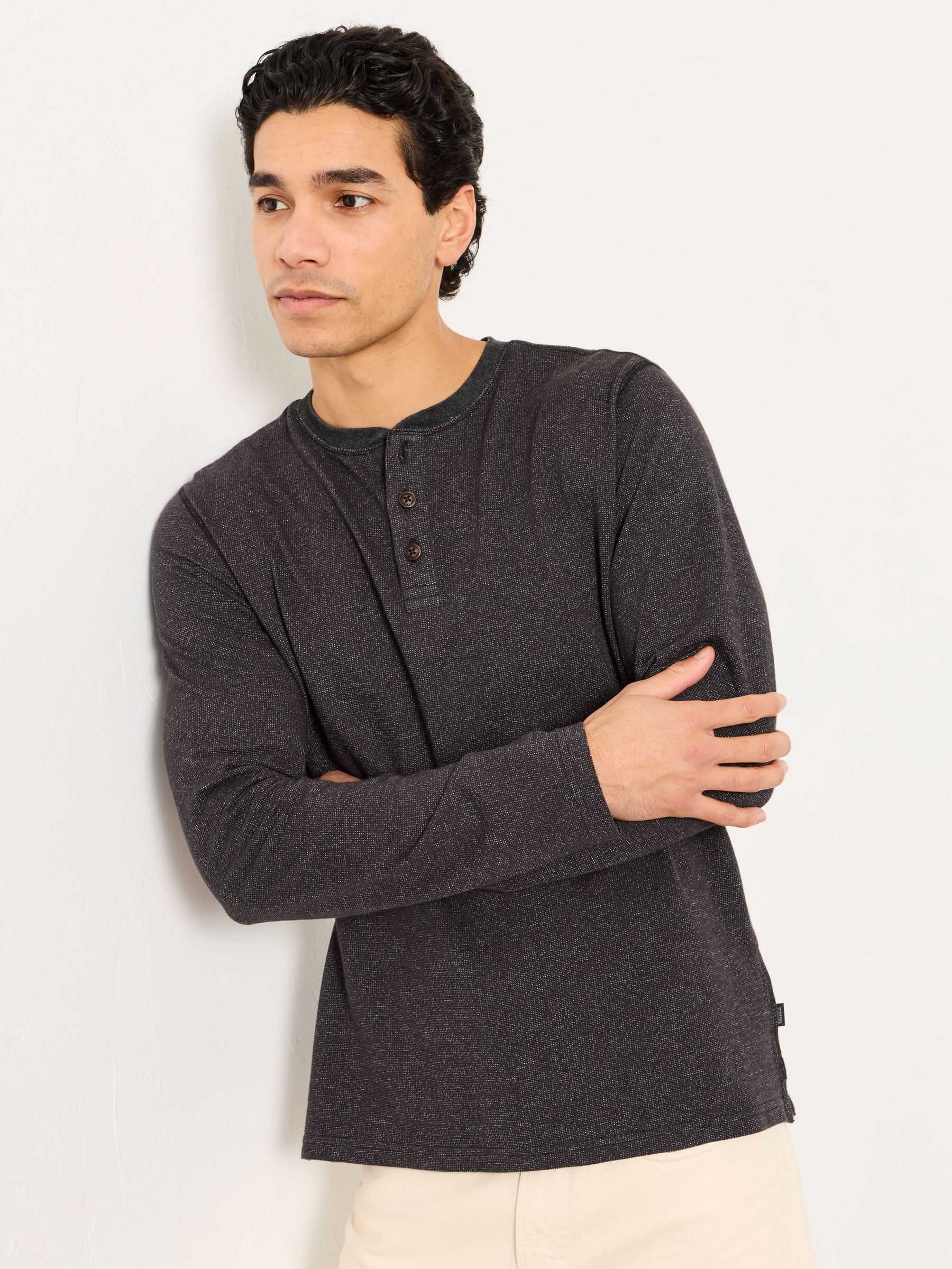 Washed Black Waffle Textured Henley - Image 1 of 6