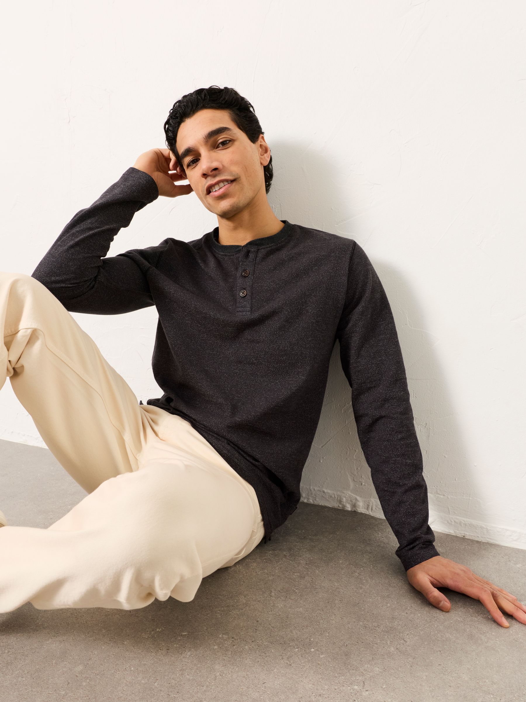 Washed Black Waffle Textured Henley - Image 5 of 6