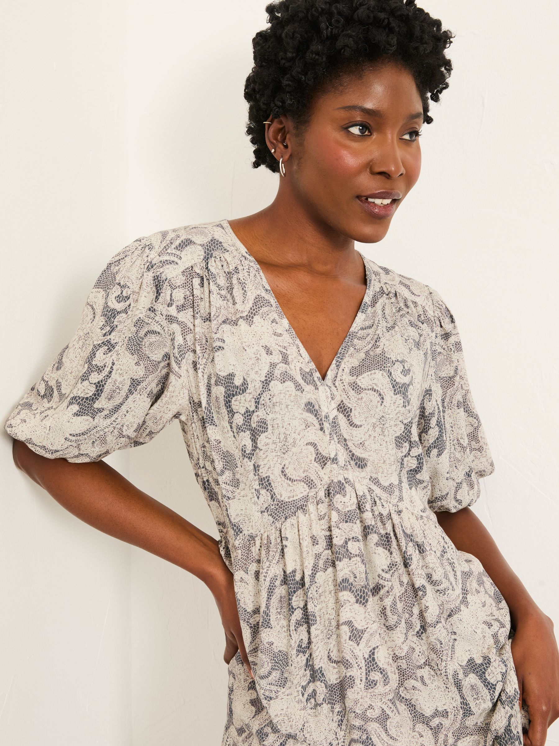 Milly Charcoal Grey Decorative Floral Regular Midi Dress | FatFace