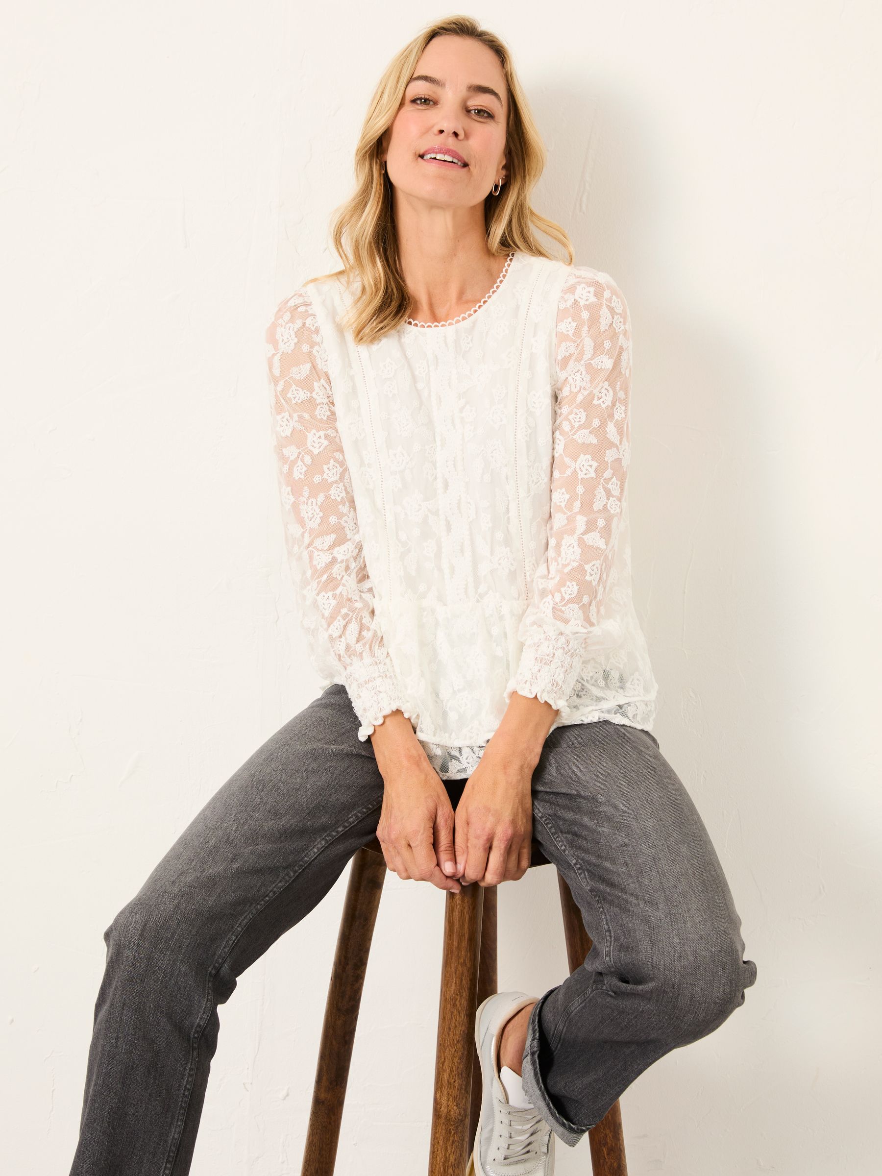 Marianne Ivory Lace Round Neck Top | FatFace