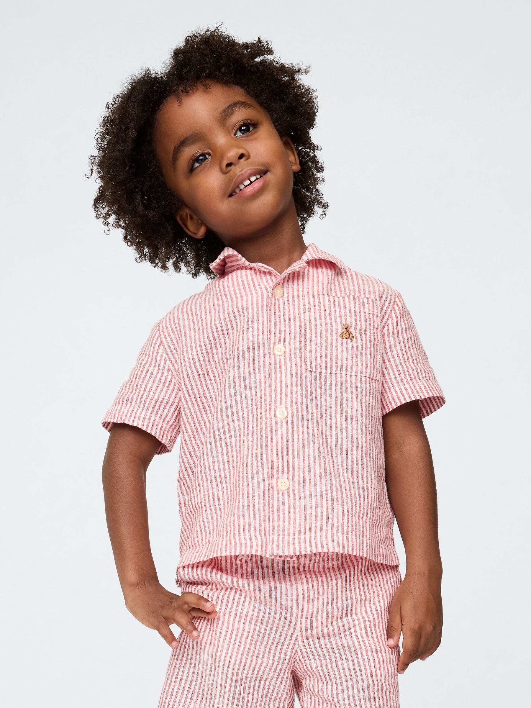 Red Stripe Brannan Bear Linen-Cotton Short Sleeve Shirt (6mths-5yrs) - Image 1 of 3