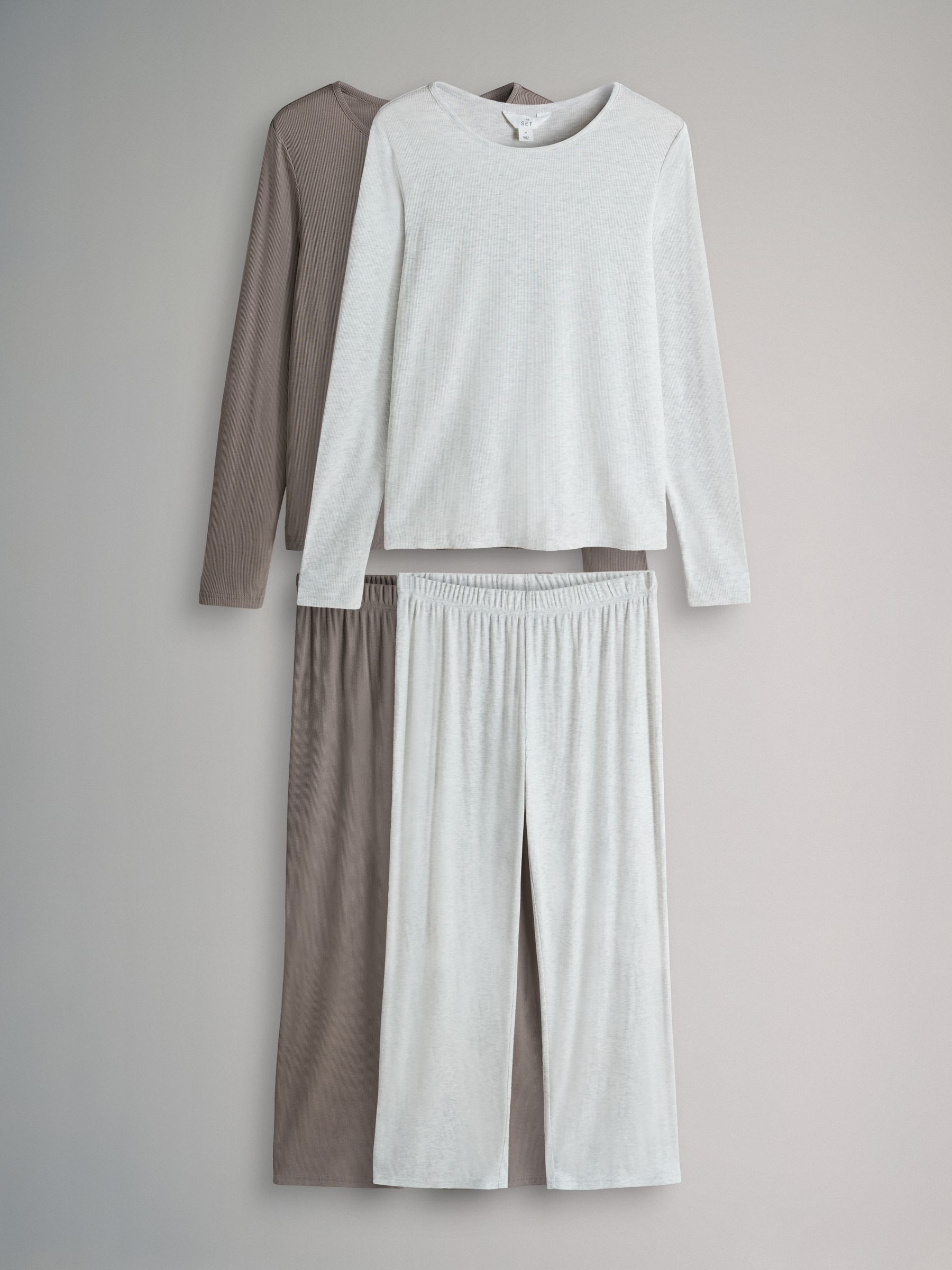 Mink/Grey - 2 Pack Soft Touch Ribbed Long Sleeve Leg Pyjamas - Image 1 of 6 Mink/Grey - 2 Pack Soft Touch Ribbed Long Sleeve Leg Pyjamas - Image 1 of 6
