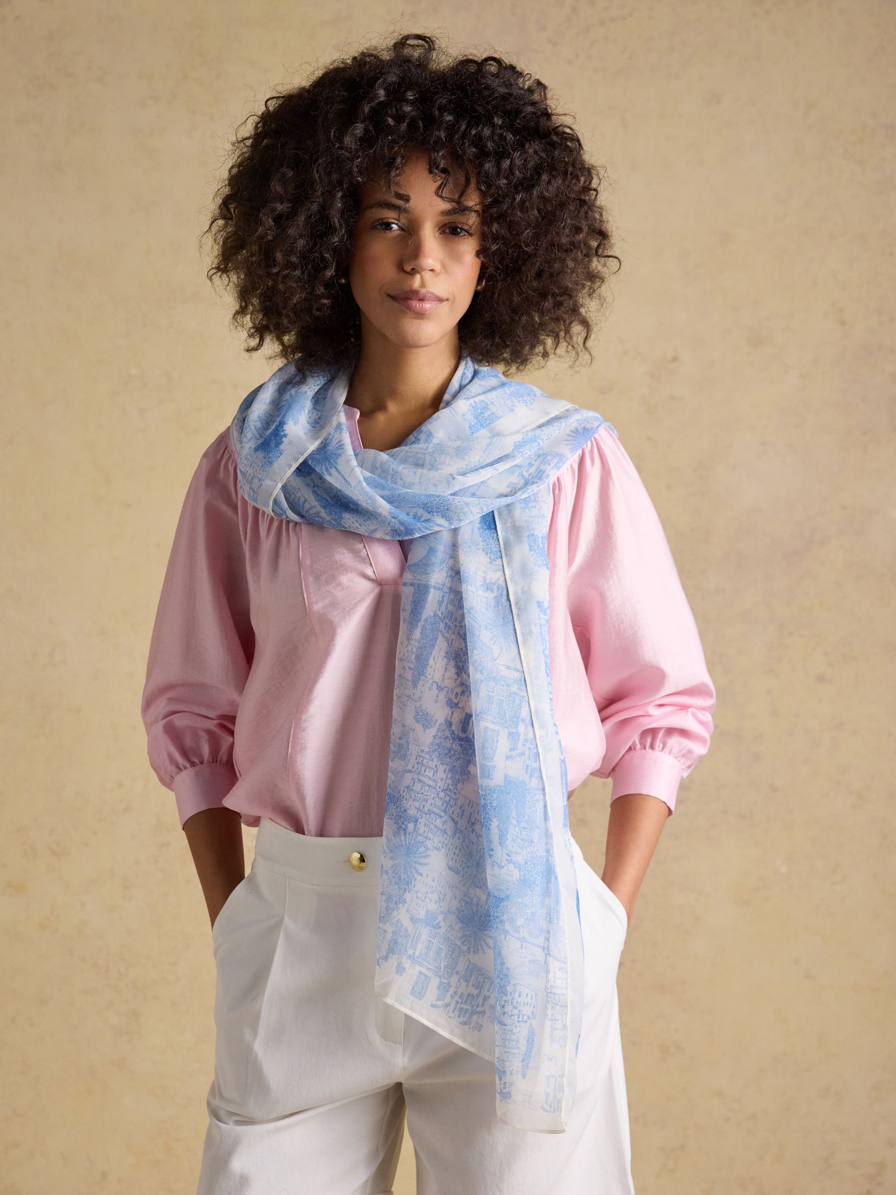 Abberton Blue Ecru Toile De Jouy Printed Scarf - Image 2 of 6