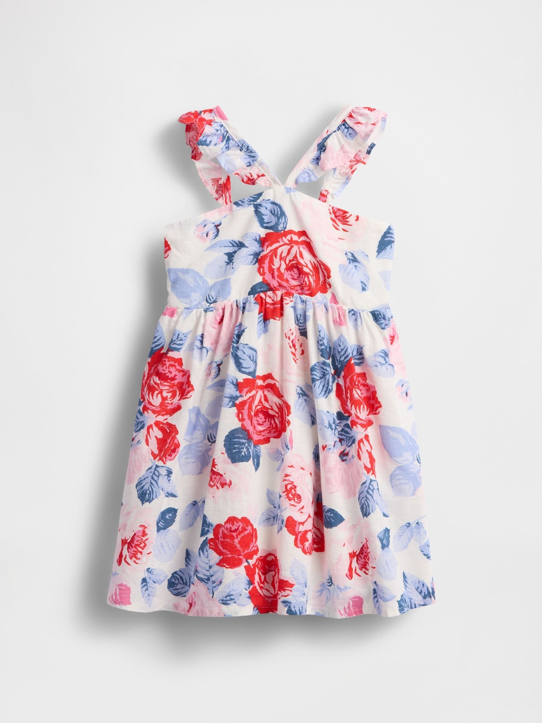 White/Red Floral Linen-Cotton Flutter V-Neck Dress (6mths-5yrs) - Image 2 of 3