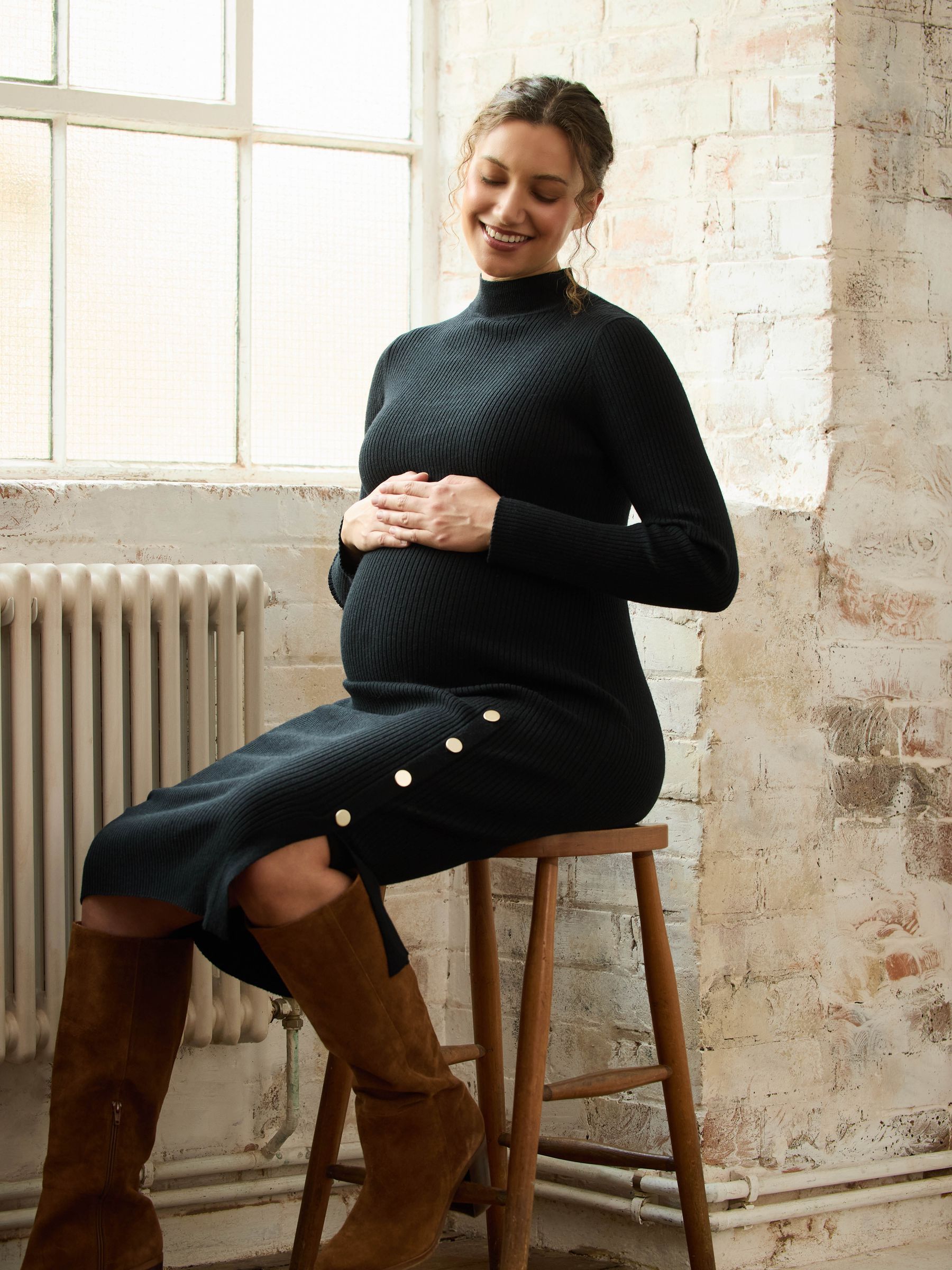 black long sleeve maternity dress BUMPSUIT Maxi Thigh High Slit, Women Soft Stretchable Fabric Turtleneck Bodycon Pregnancy Dress with Back Zipper for Baby Shower at Amazon Women's Clothing store Premium jersey in Black (95% Polyester SHEIN Black Autumn Elegant Formal