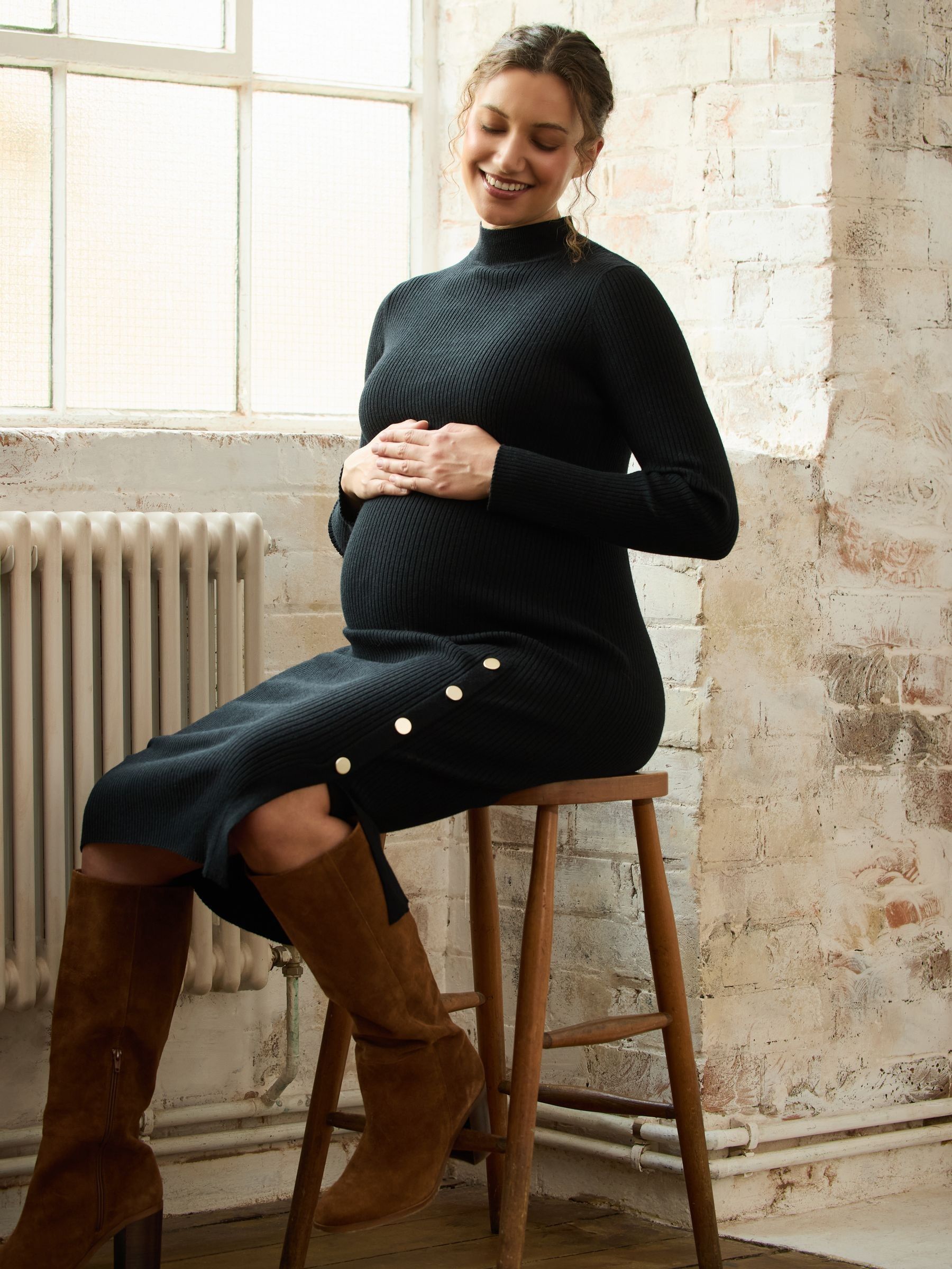 Black Button Detail Knitted Rib Maternity Midi Dress - Image 3 of 9