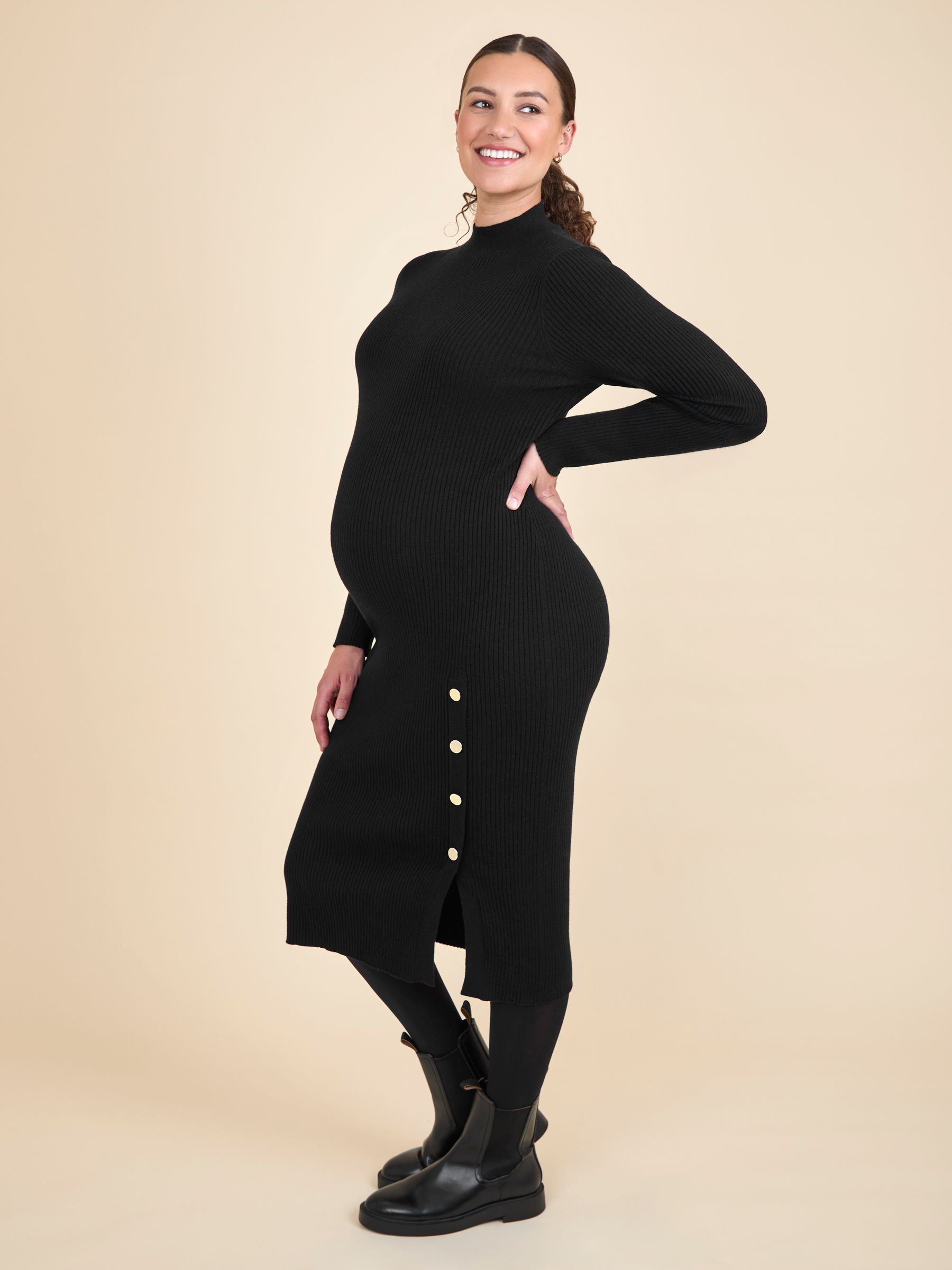 Black Button Detail Knitted Rib Maternity Midi Dress - Image 5 of 9