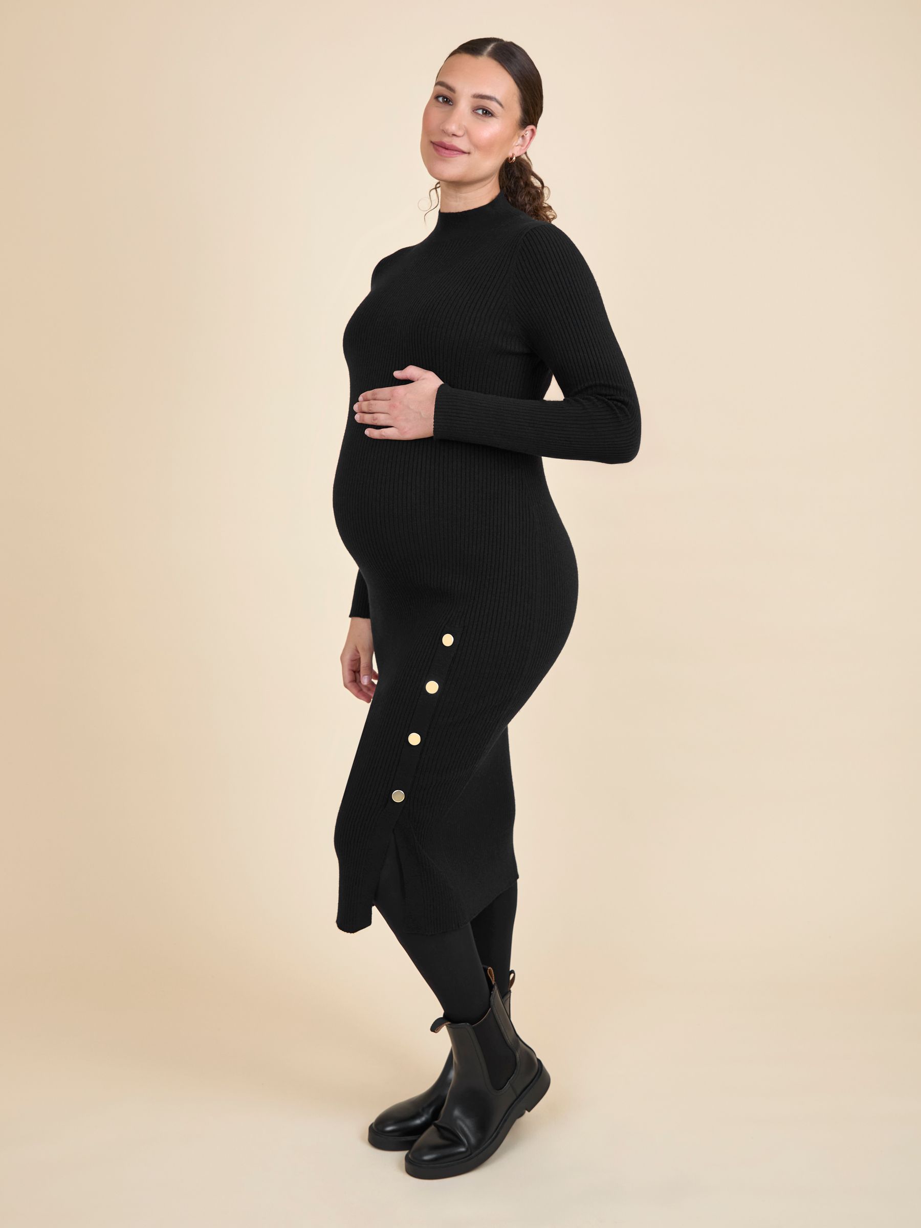 Black Button Detail Knitted Rib Maternity Midi Dress - Image 6 of 9