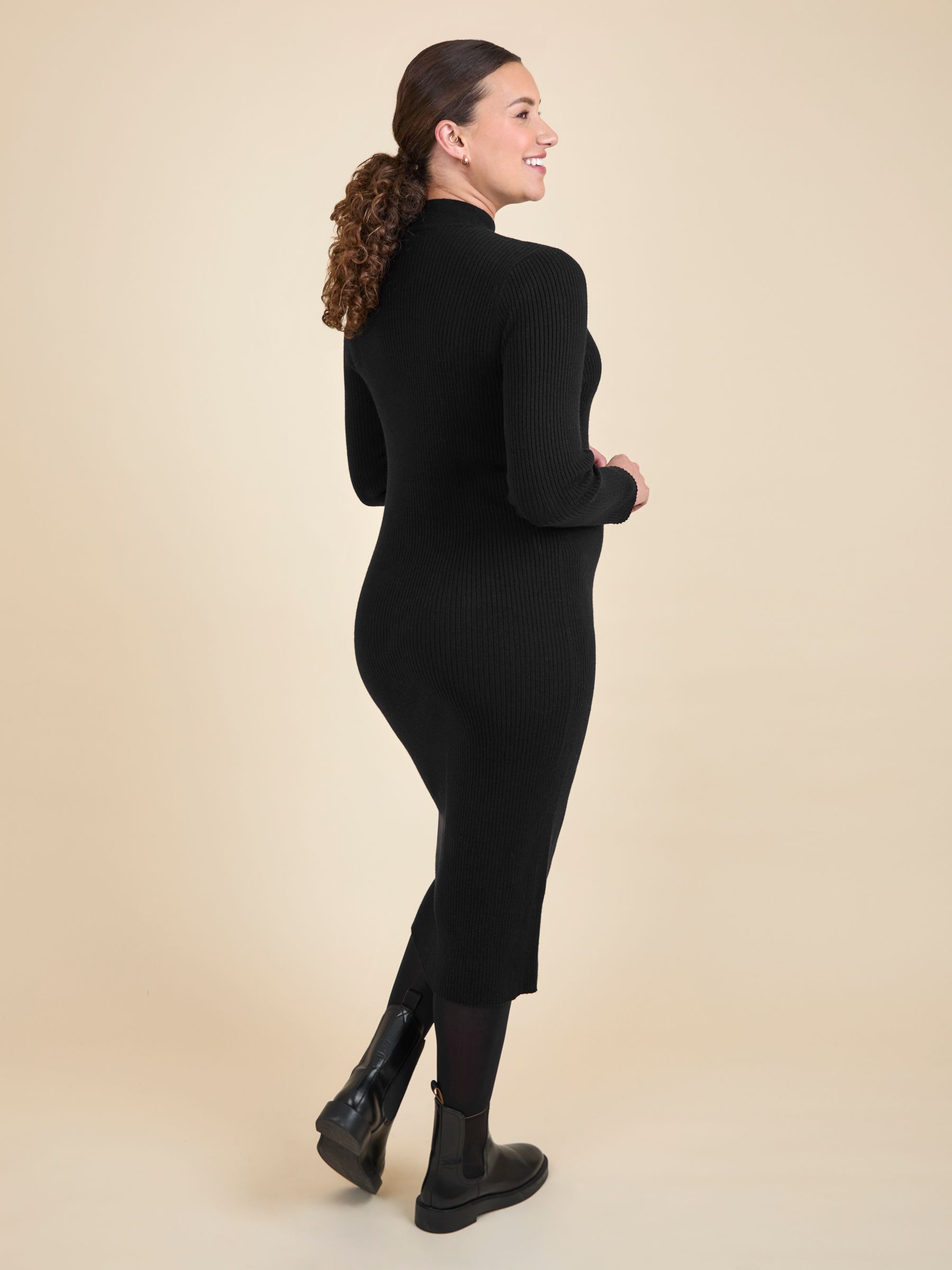 Black Button Detail Knitted Rib Maternity Midi Dress - Image 7 of 9