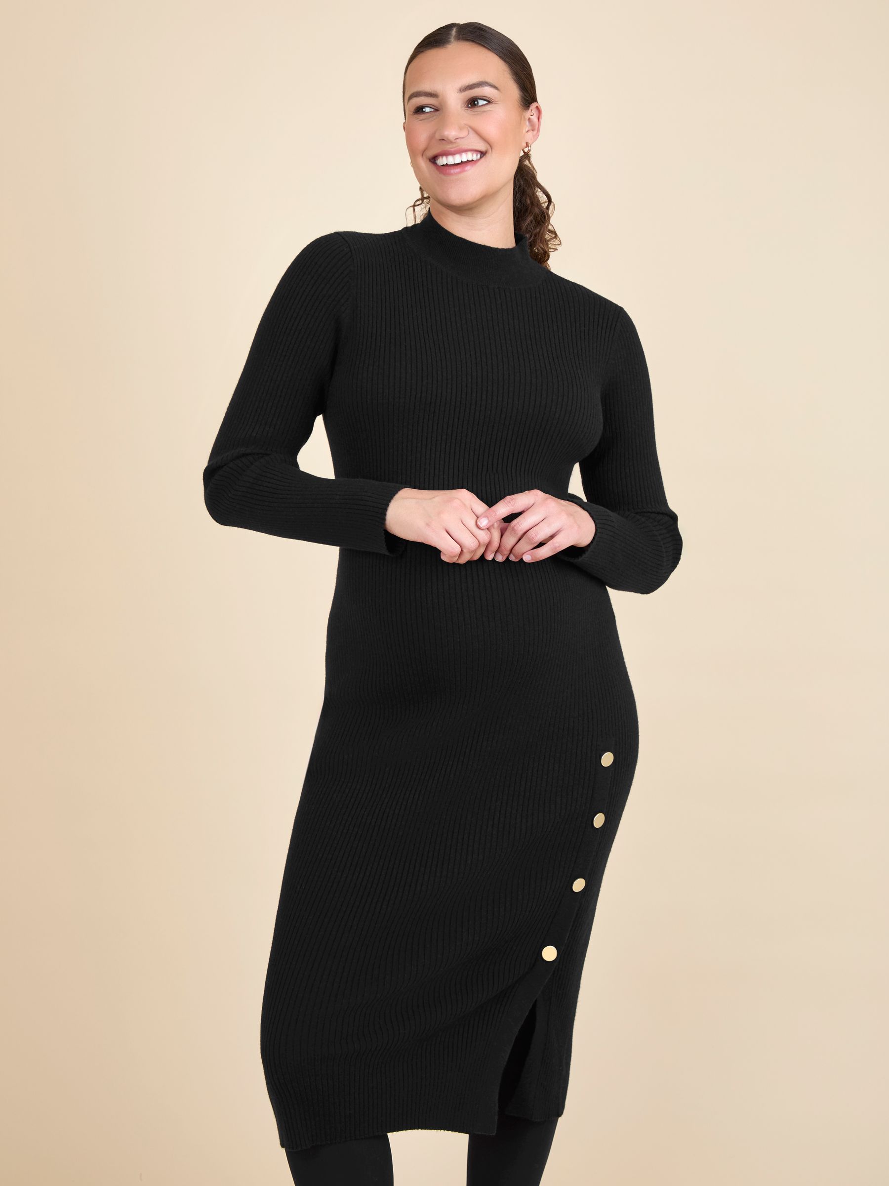 Black Button Detail Knitted Rib Maternity Midi Dress - Image 8 of 9