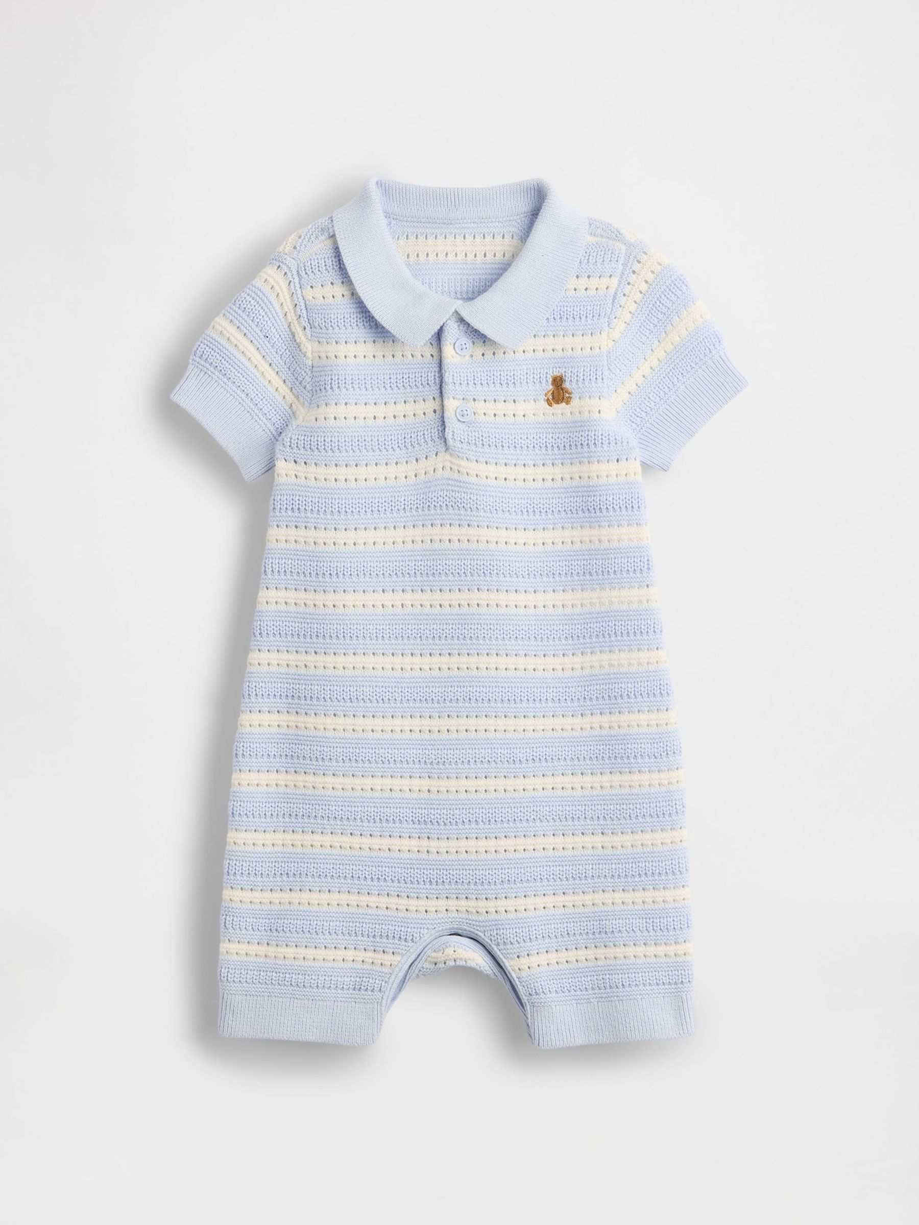 Blue/White Stripe 100% Cotton Crochet Knit Polo One Piece (Newborn-24mths) - Image 1 of 3