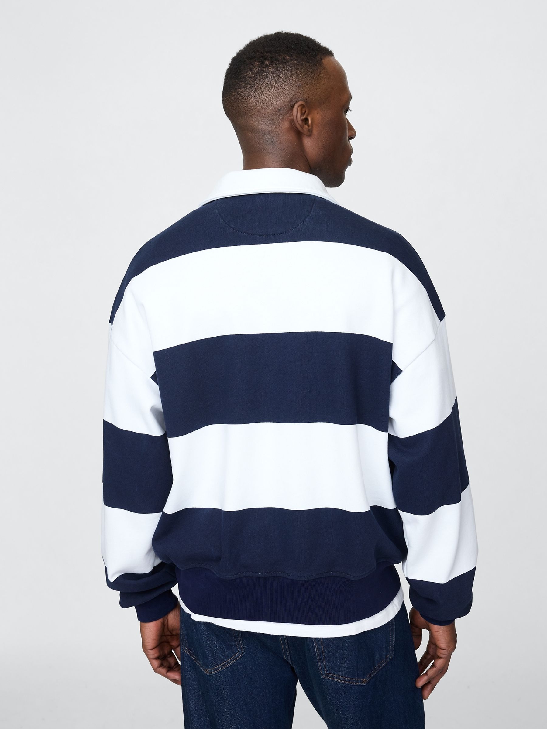 Blue/White Stripe Heavyweight Striped Logo Quarter Zip Collar Sweatshirt - Image 2 of 5
