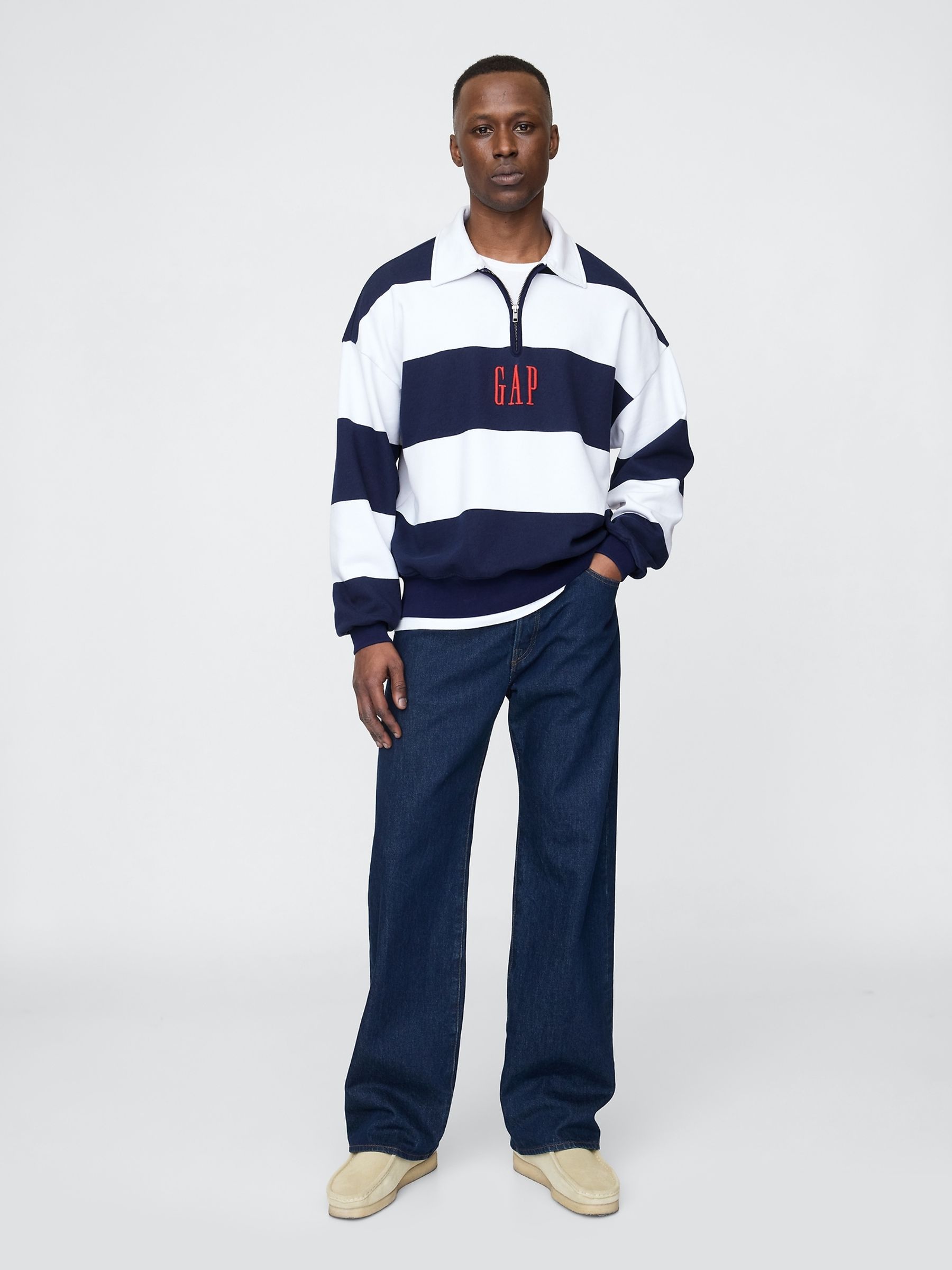 Blue/White Stripe Heavyweight Striped Logo Quarter Zip Collar Sweatshirt - Image 3 of 5
