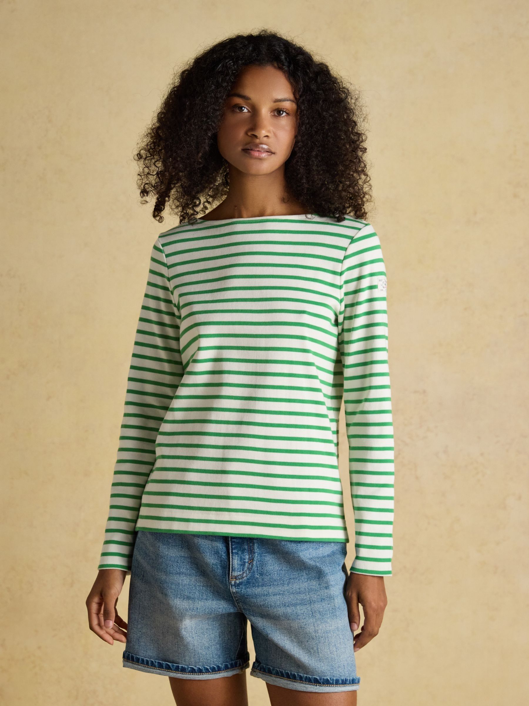 Harbour Cream/Green Boat Neck 100% Cotton Long Sleeve Breton Top - Image 1 of 7