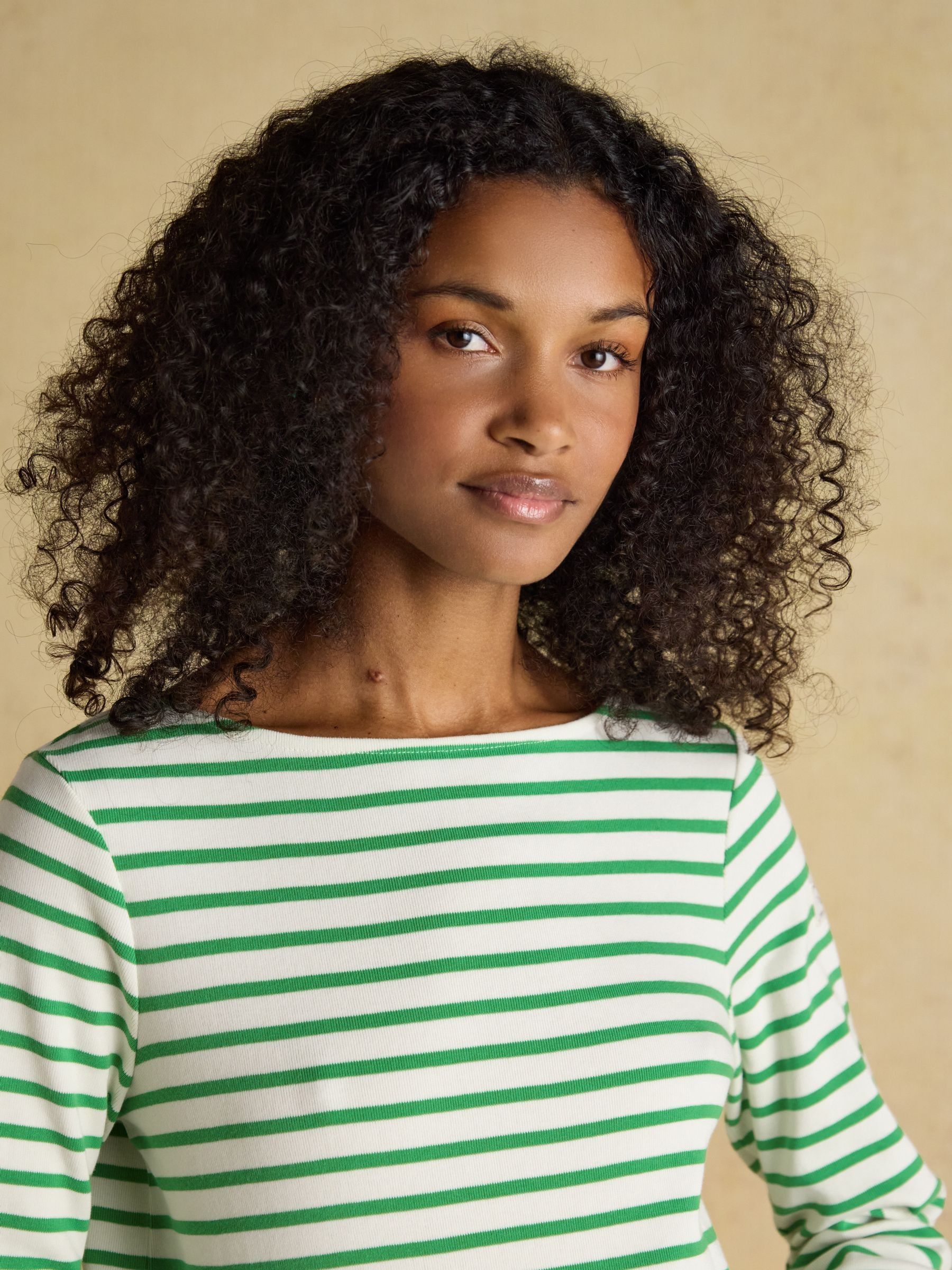 Harbour Cream/Green Boat Neck 100% Cotton Long Sleeve Breton Top - Image 3 of 7