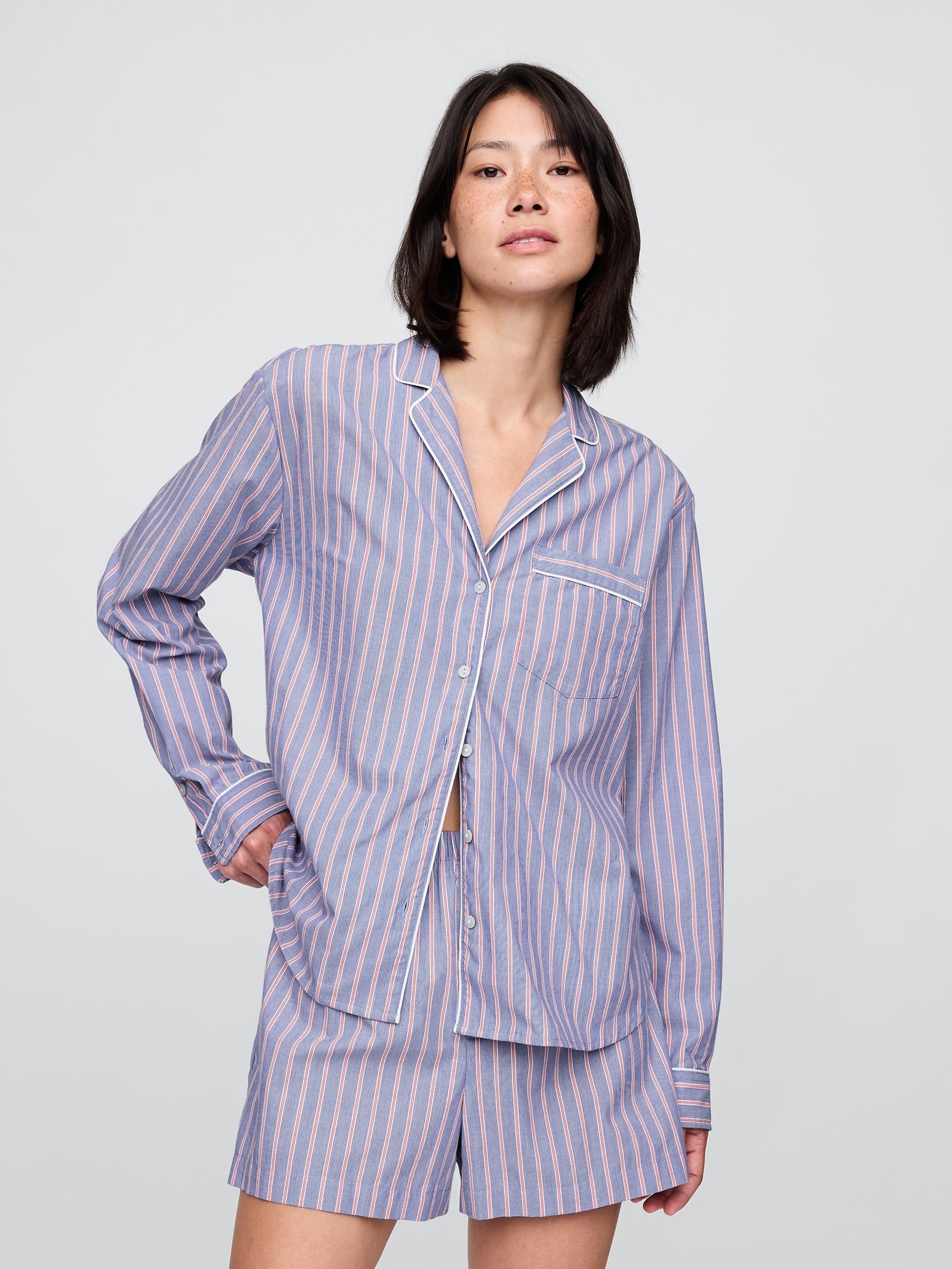 Blue Stripe 100% Cotton Poplin Pyjama Shirt - Image 1 of 3