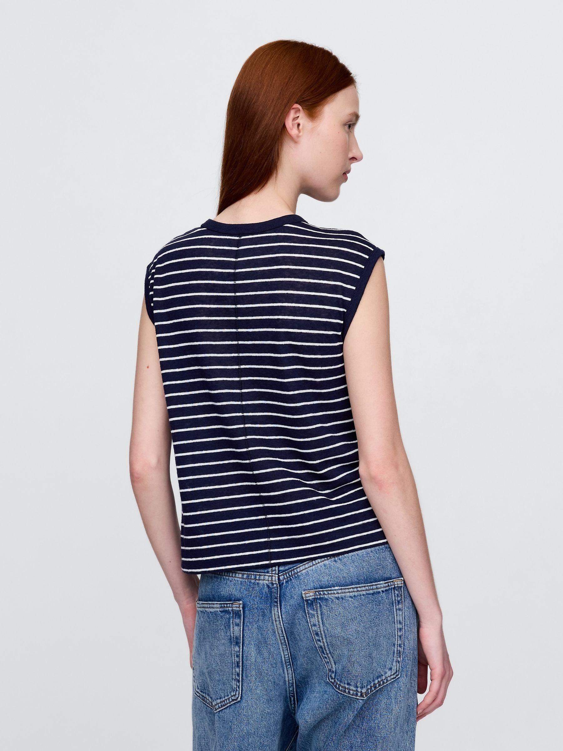 Navy Blue Linen-Blend Crew Neck Shell Vest - Image 2 of 5