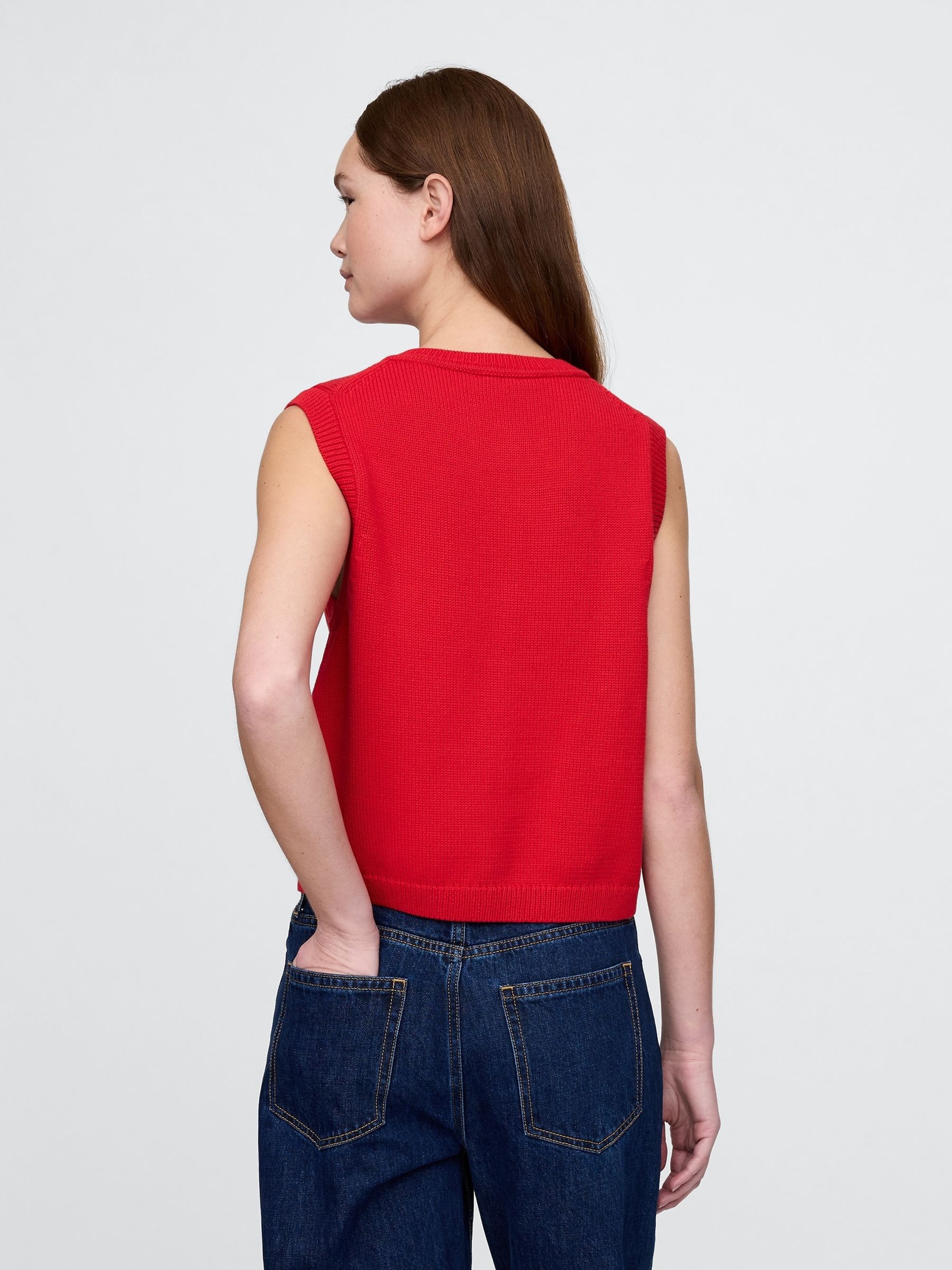Red Cropped Cardigan Sleeveless Vest Top - Image 2 of 4