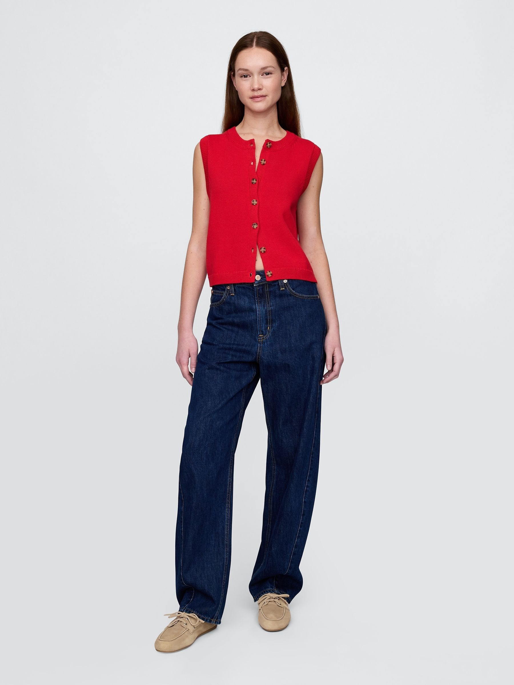 Red Cropped Cardigan Sleeveless Vest Top - Image 3 of 4