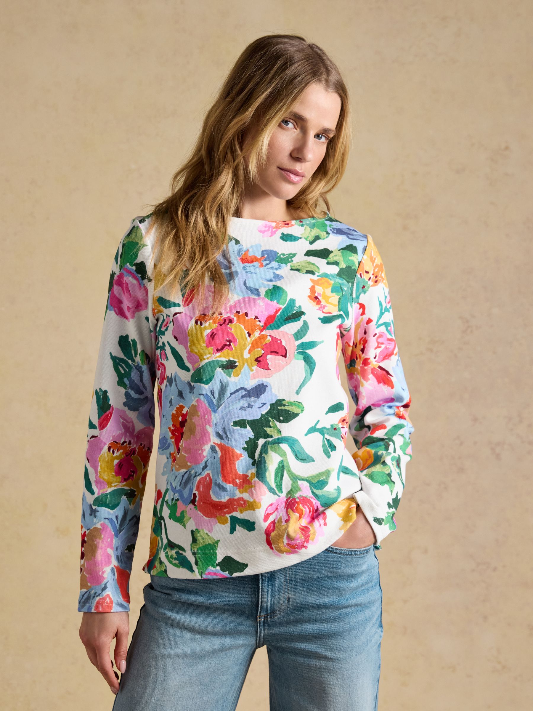 Harbour White Artist Floral Printed Boat Neck Breton Top | Joules