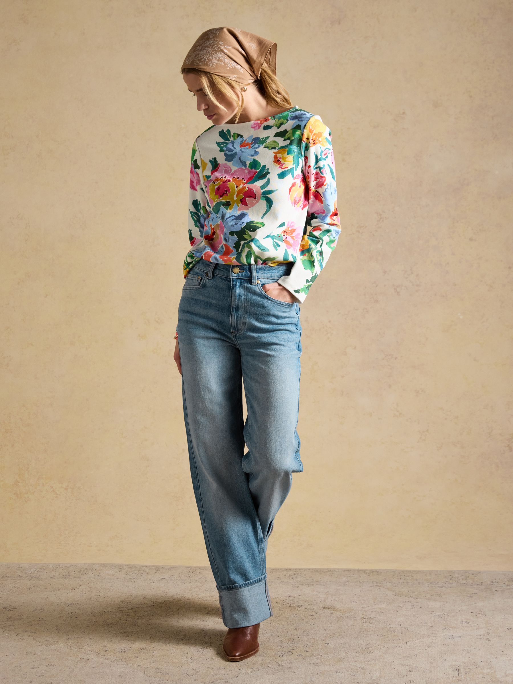 Harbour White Artist Floral Printed Boat Neck Breton Top | Joules