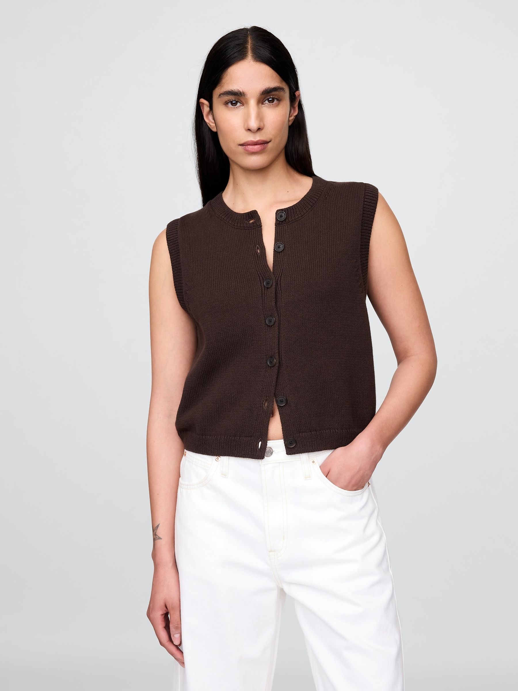 Brown Cropped Cardigan Sleeveless Vest Top - Image 1 of 4