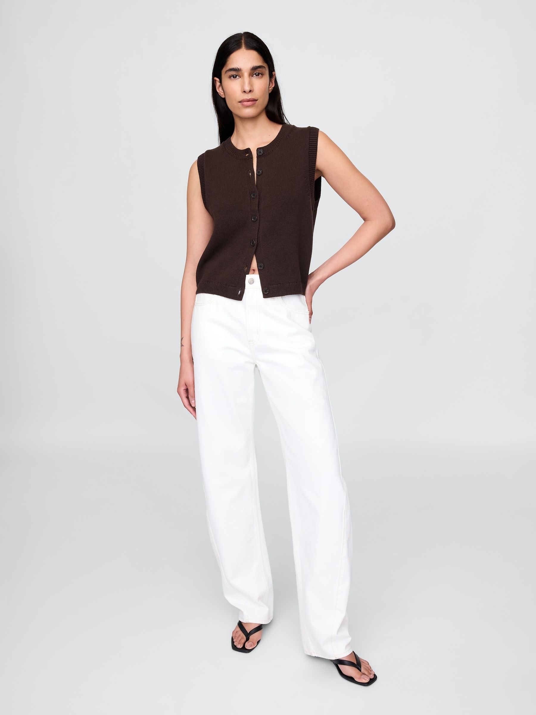 Brown Cropped Cardigan Sleeveless Vest Top - Image 3 of 4