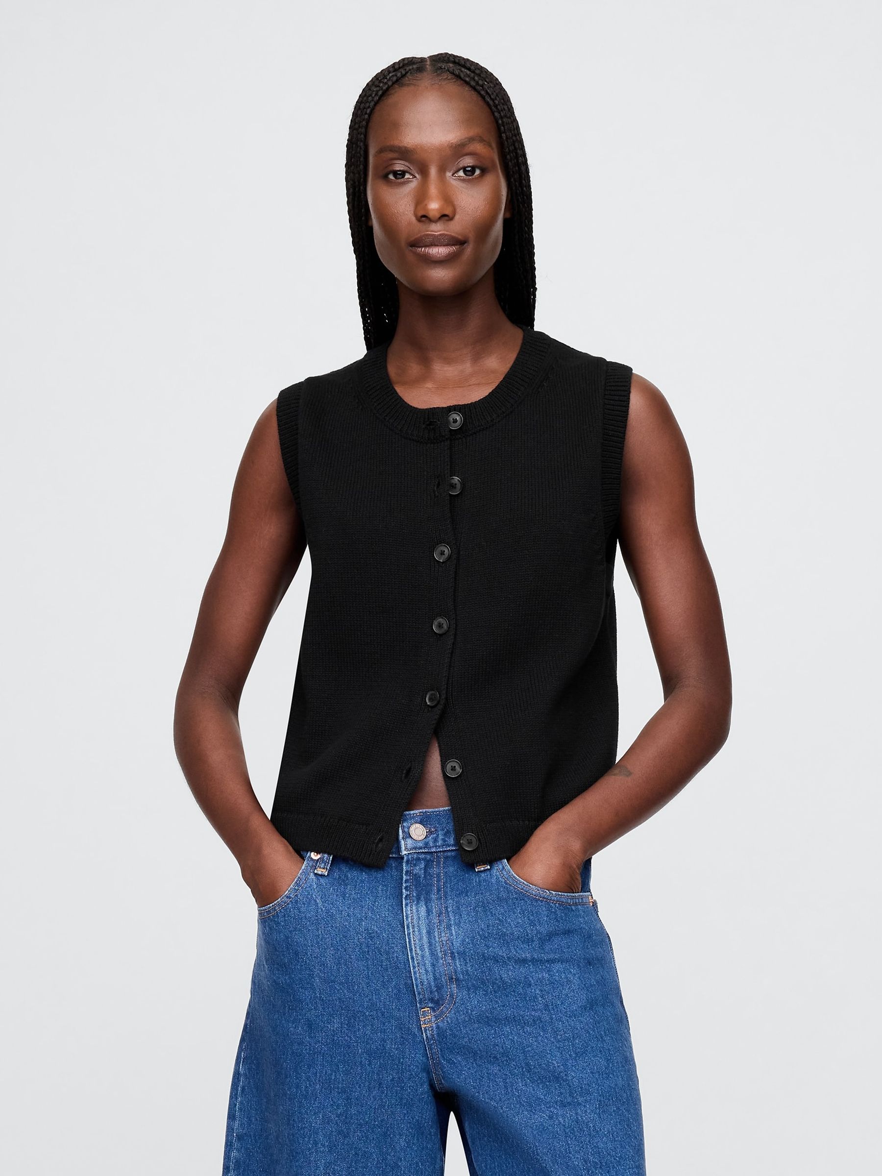 Black Cropped Cardigan Sleeveless Vest Top - Image 1 of 4