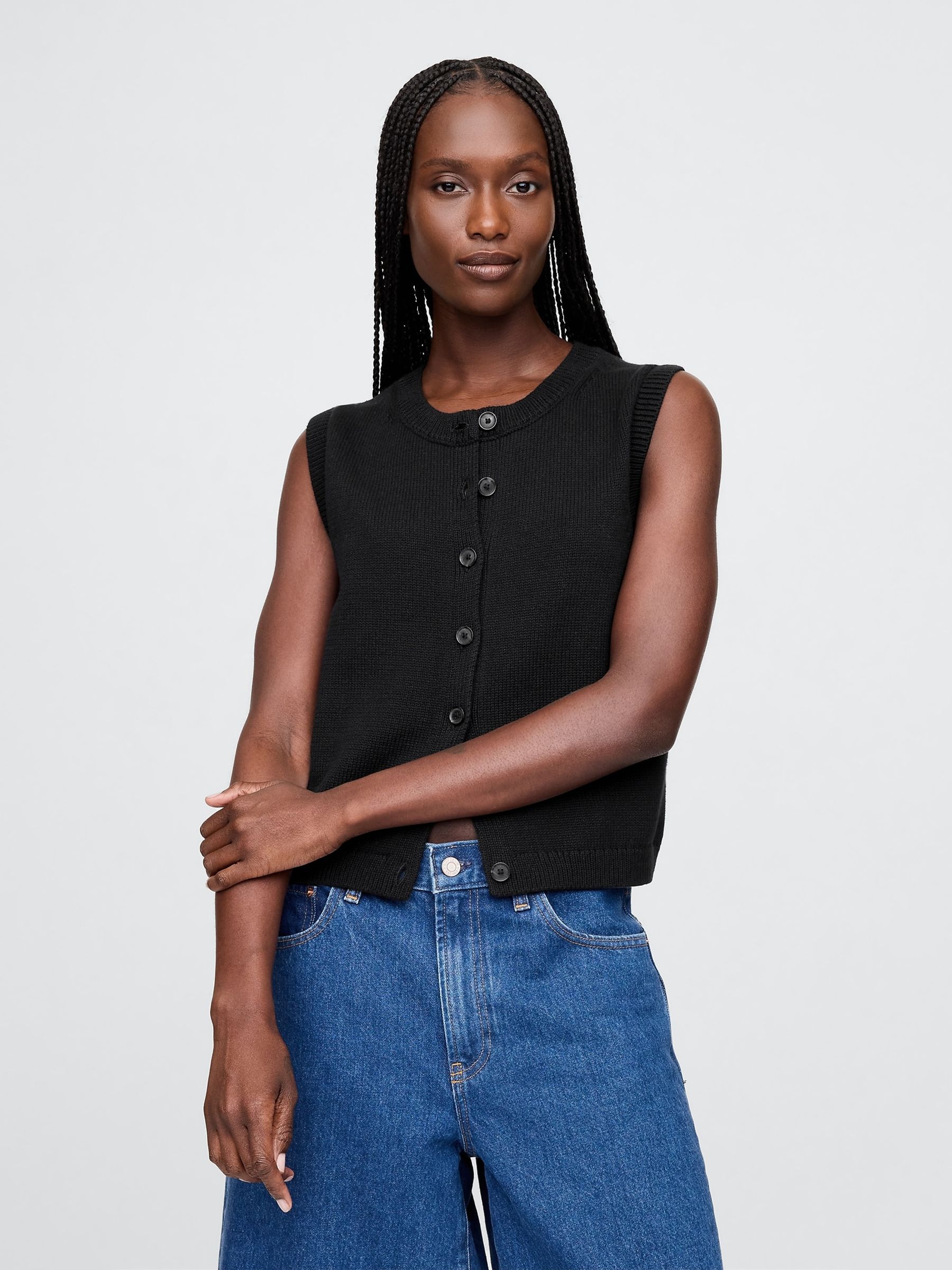 Black Cropped Cardigan Sleeveless Vest Top - Image 3 of 4
