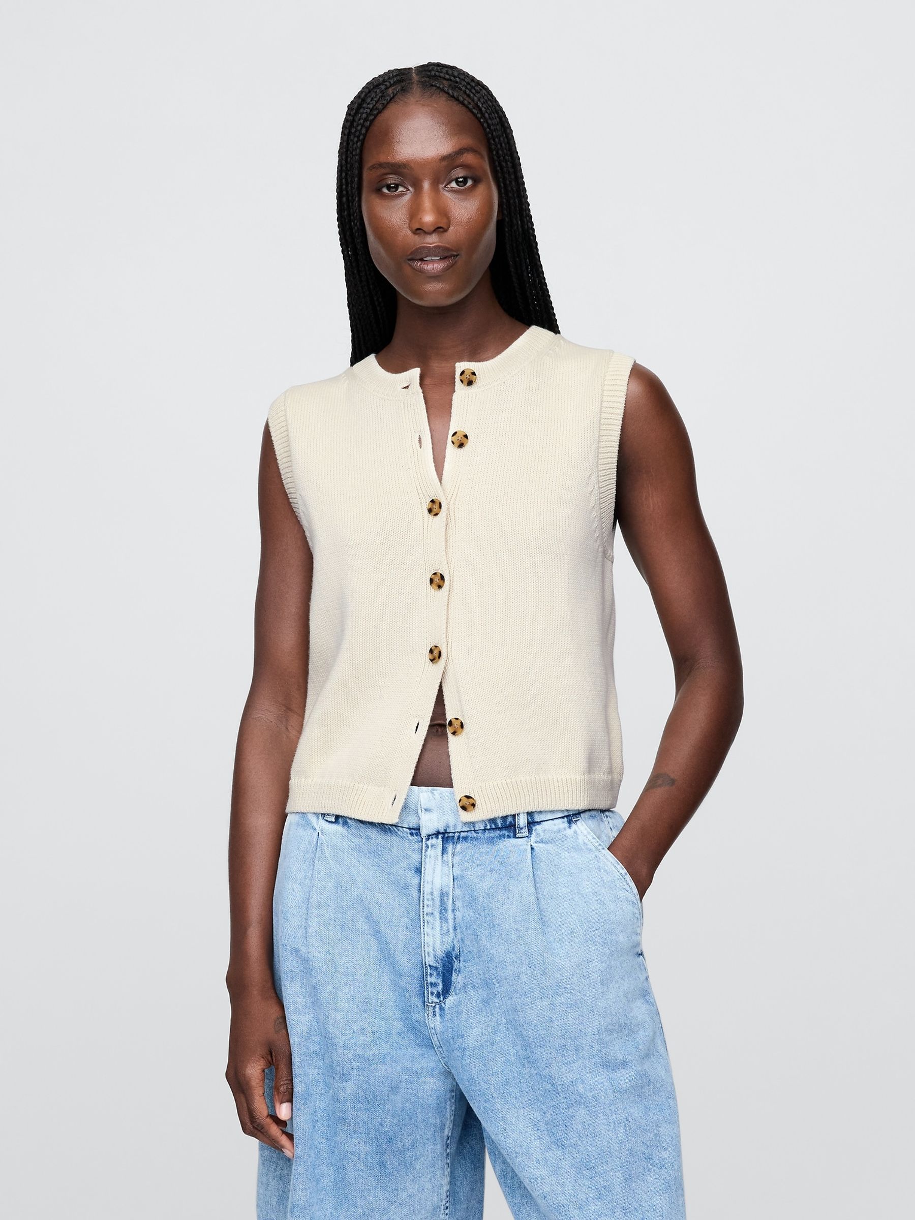 Beige Cropped Cardigan Sleeveless Vest Top | Gap